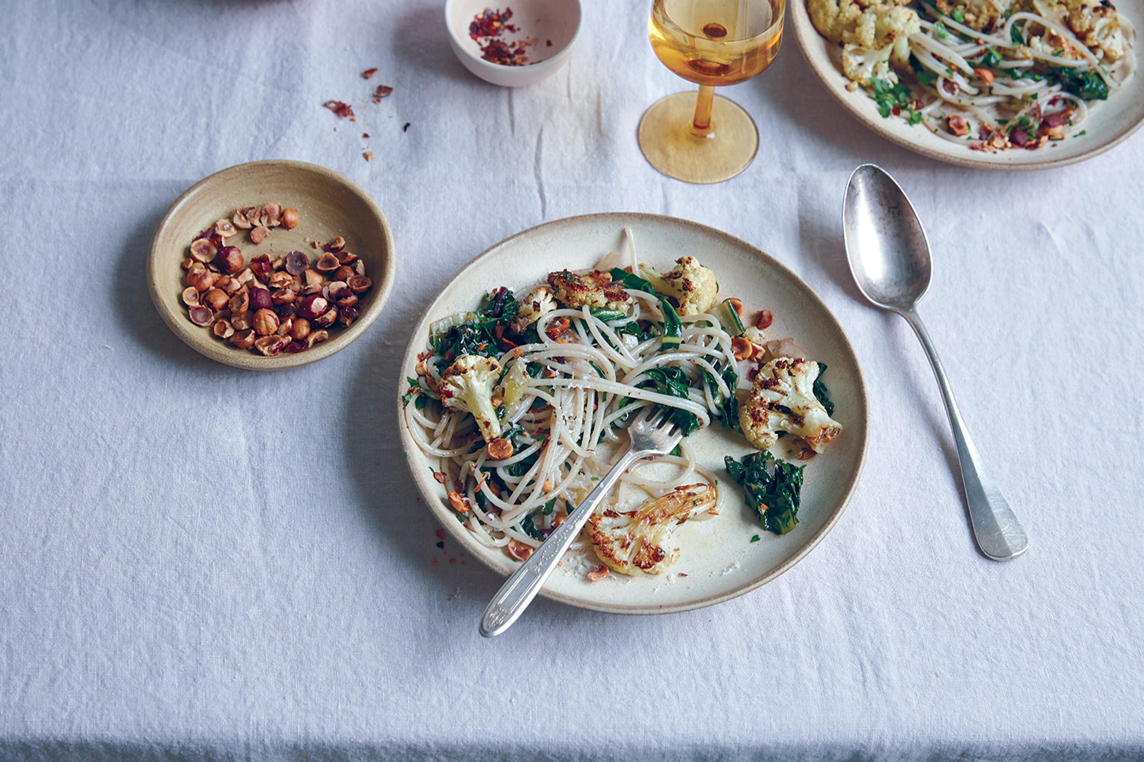 Roasted Cauliflower, Swiss Chard, & Hazelnut Pasta