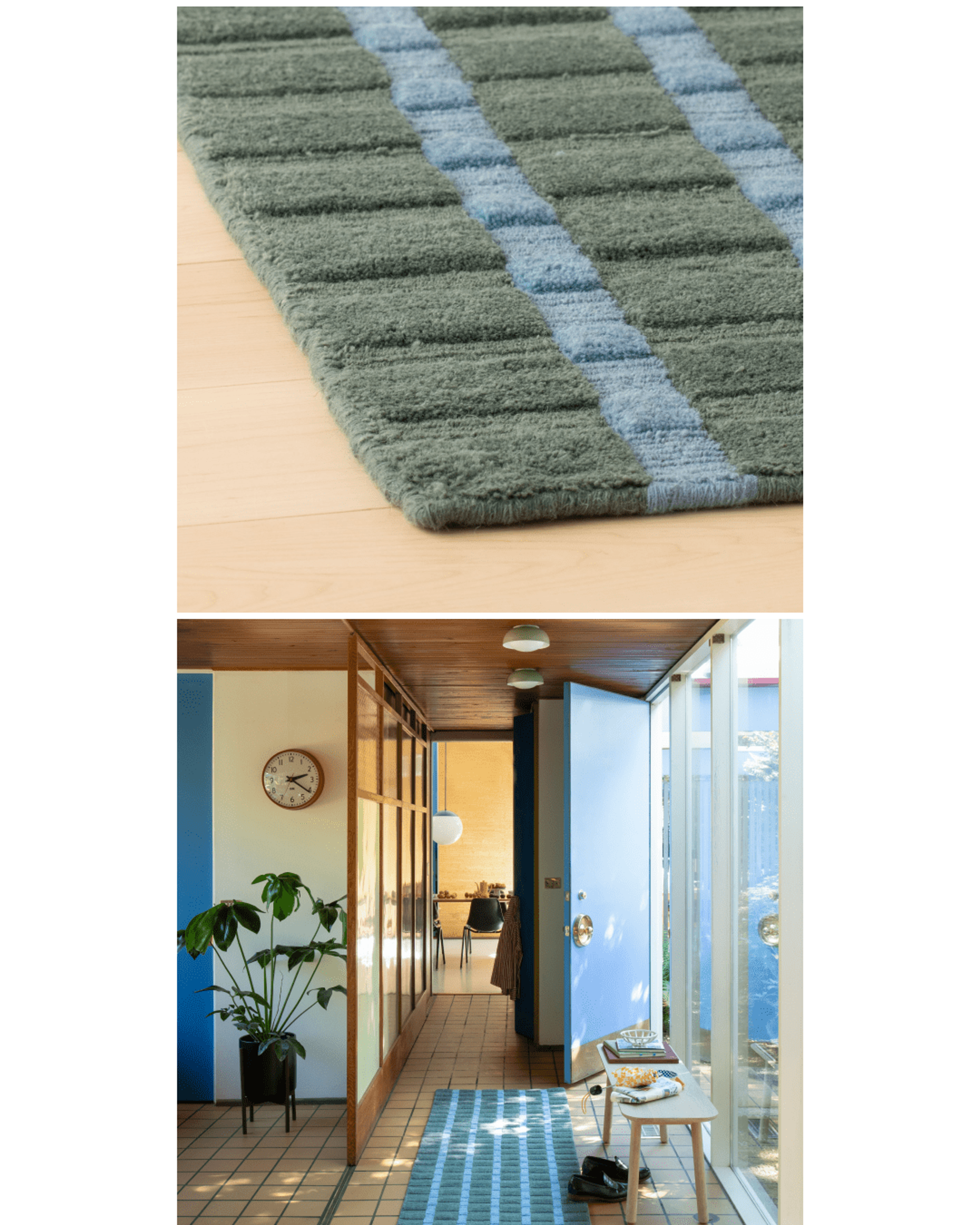 Blue and green loop woven runner in entryway 