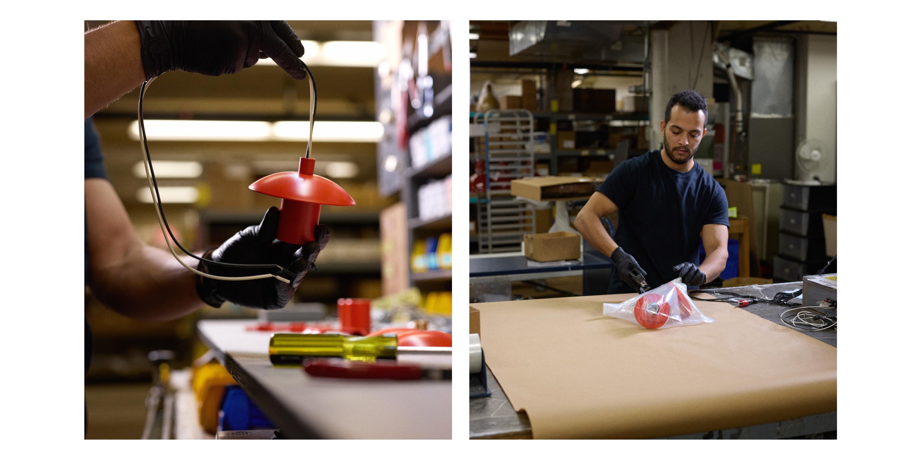 Assembler putting light fixture components together and into plastic packaging