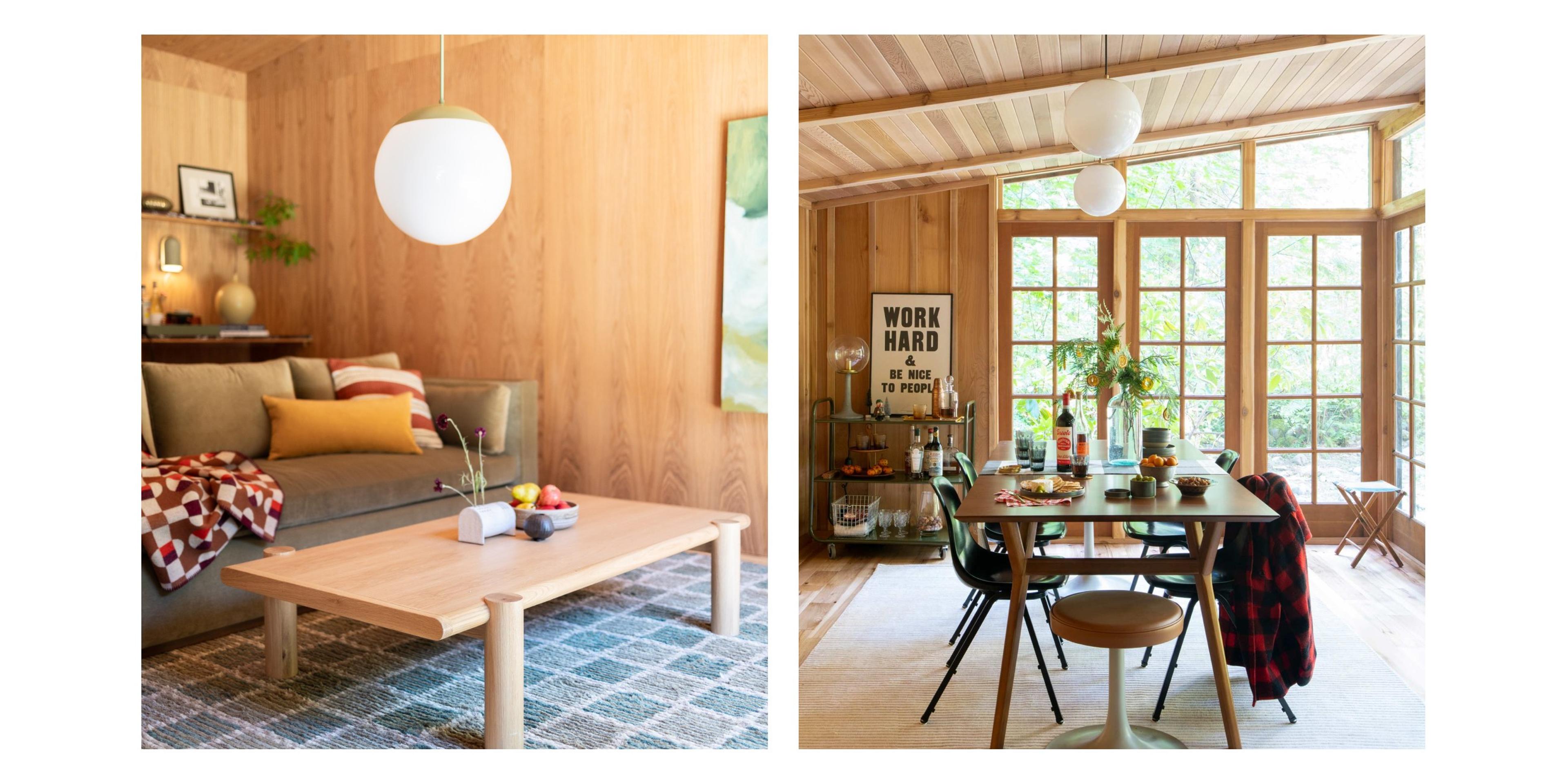 Wooden living room and dining room with natural brass pendant with glass globe shade 