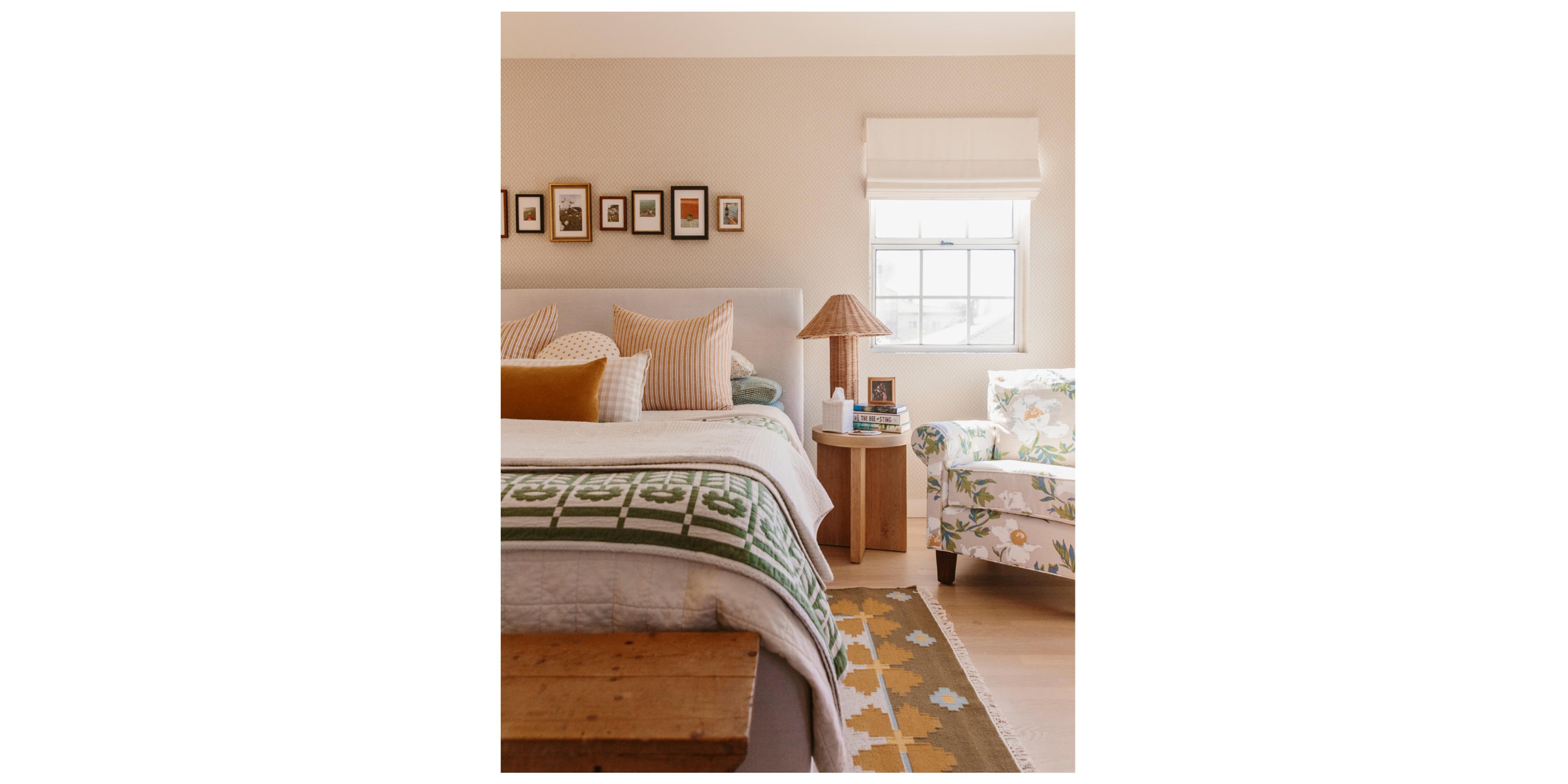 cream bedroom with green floral quilt
