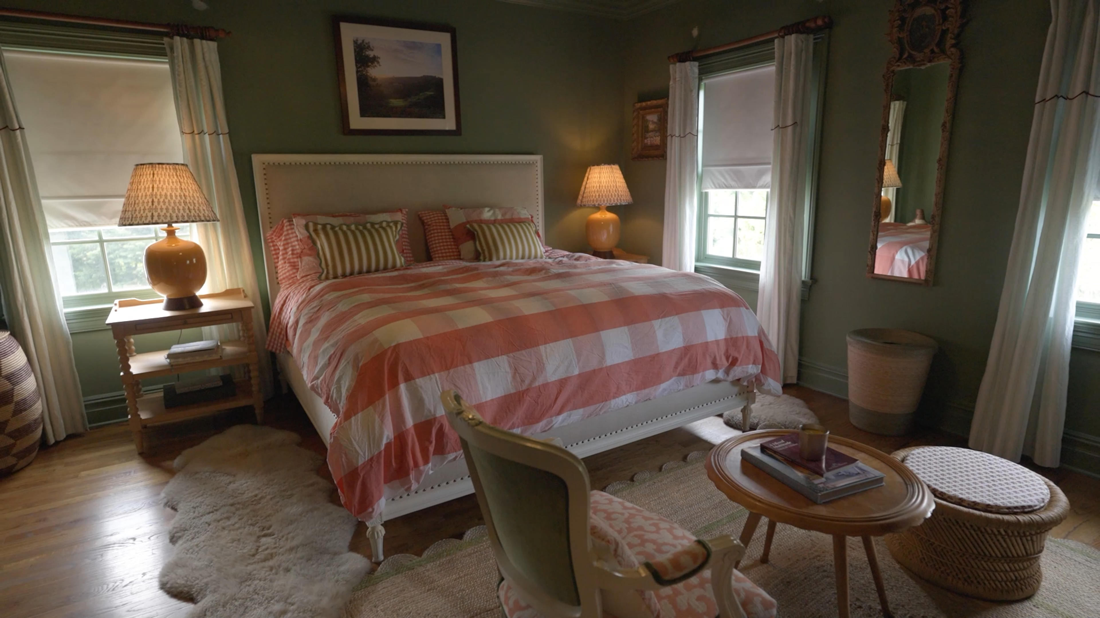 primary bedroom with plaid duvet cover