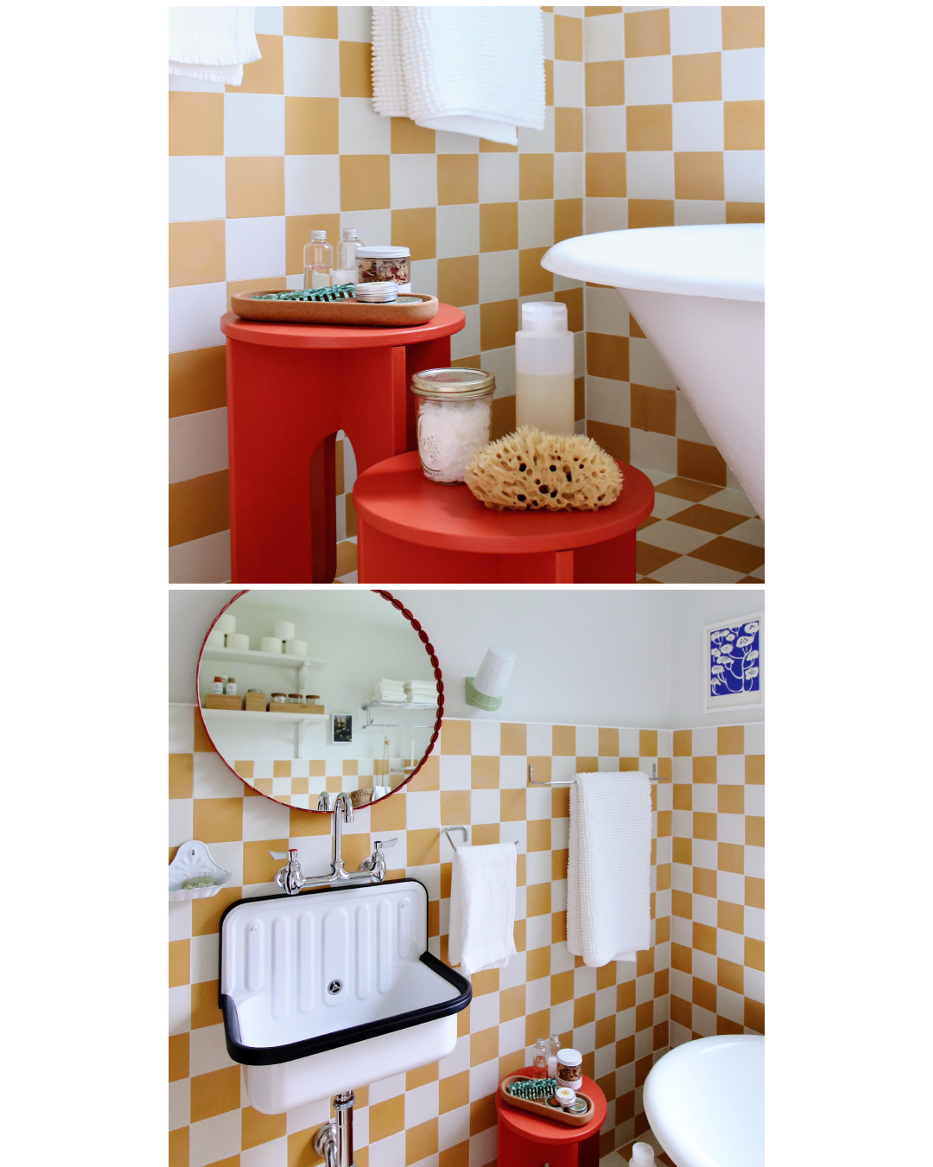 bathroom details with red stool and white sink and red scalloped mirror