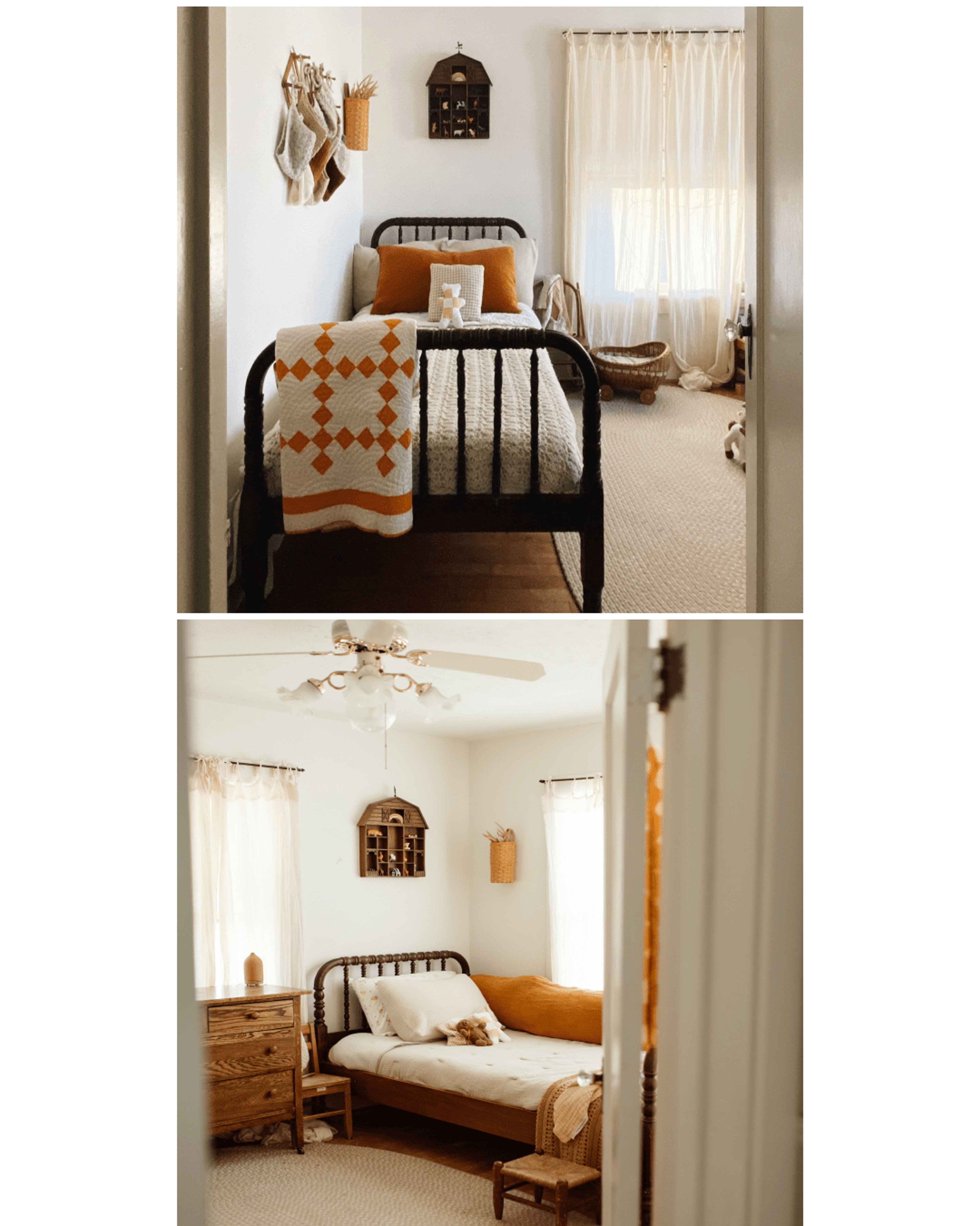 Bedroom with twin bed and traditional woven quilts hanging over end of bed frame