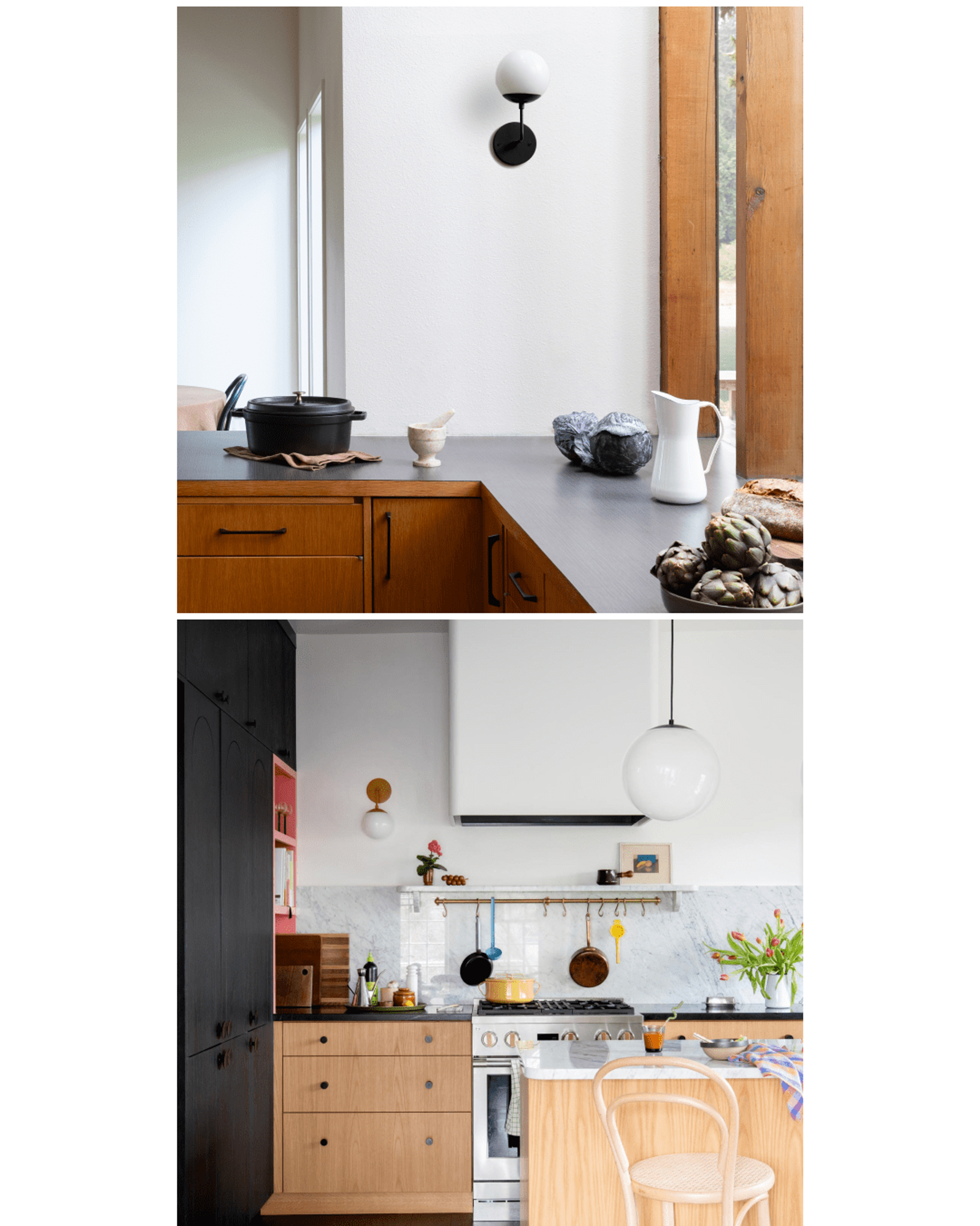 L-Sconces with opal globe shades in modern kitchen above counter