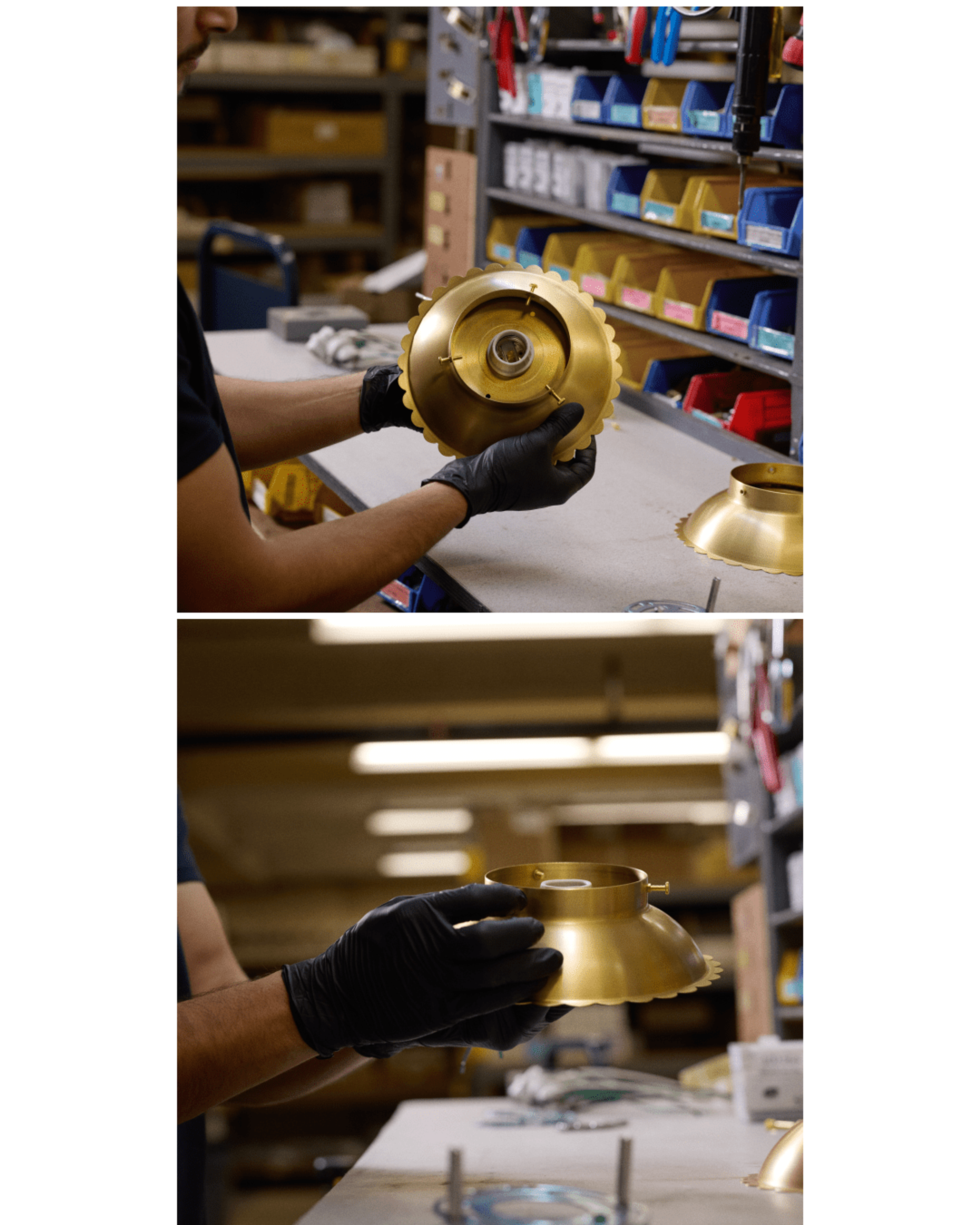 Natural brass fixture with scalloped edges being fitted for light socket