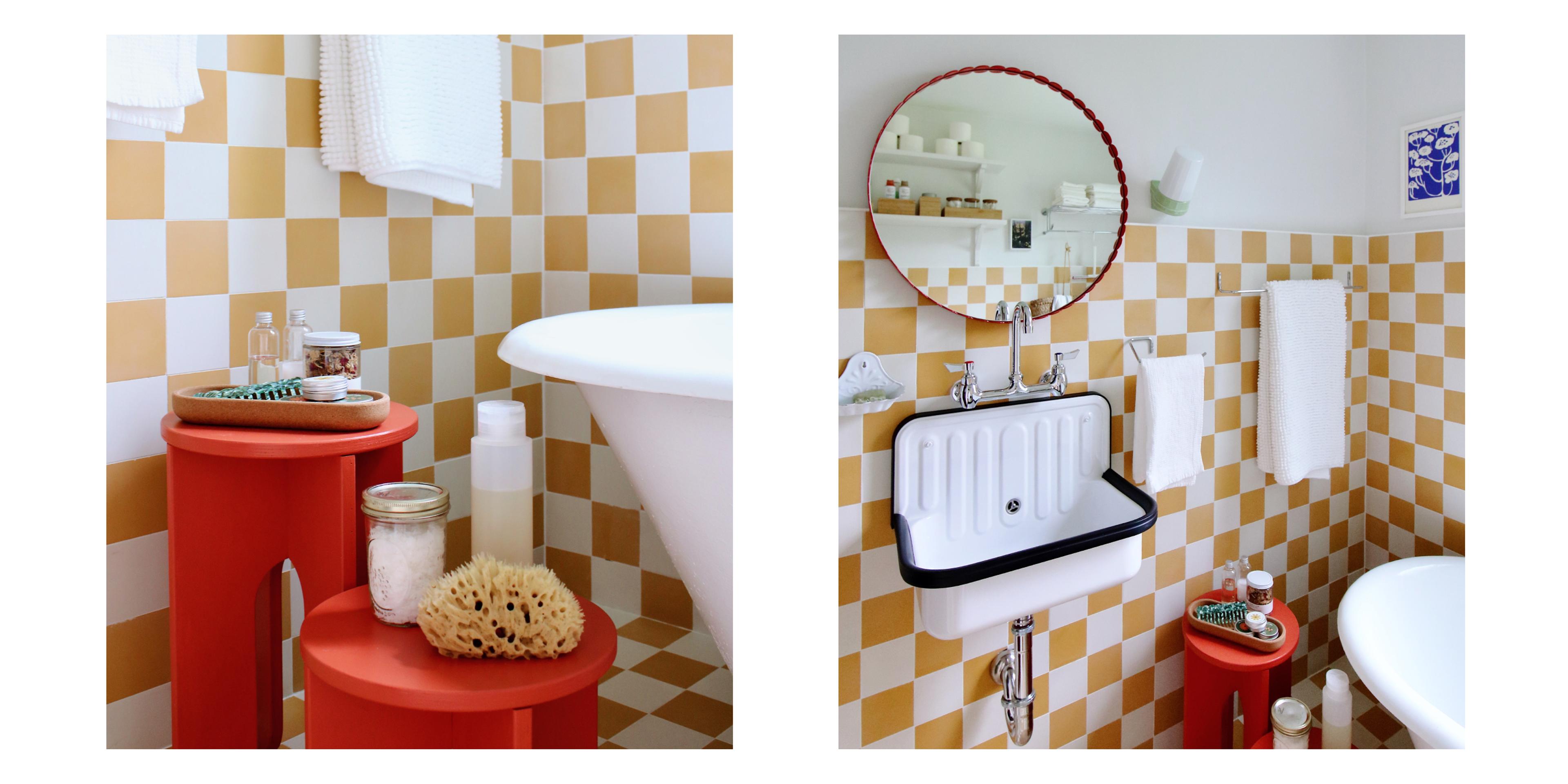 bathroom details with red stool and white sink and red scalloped mirror