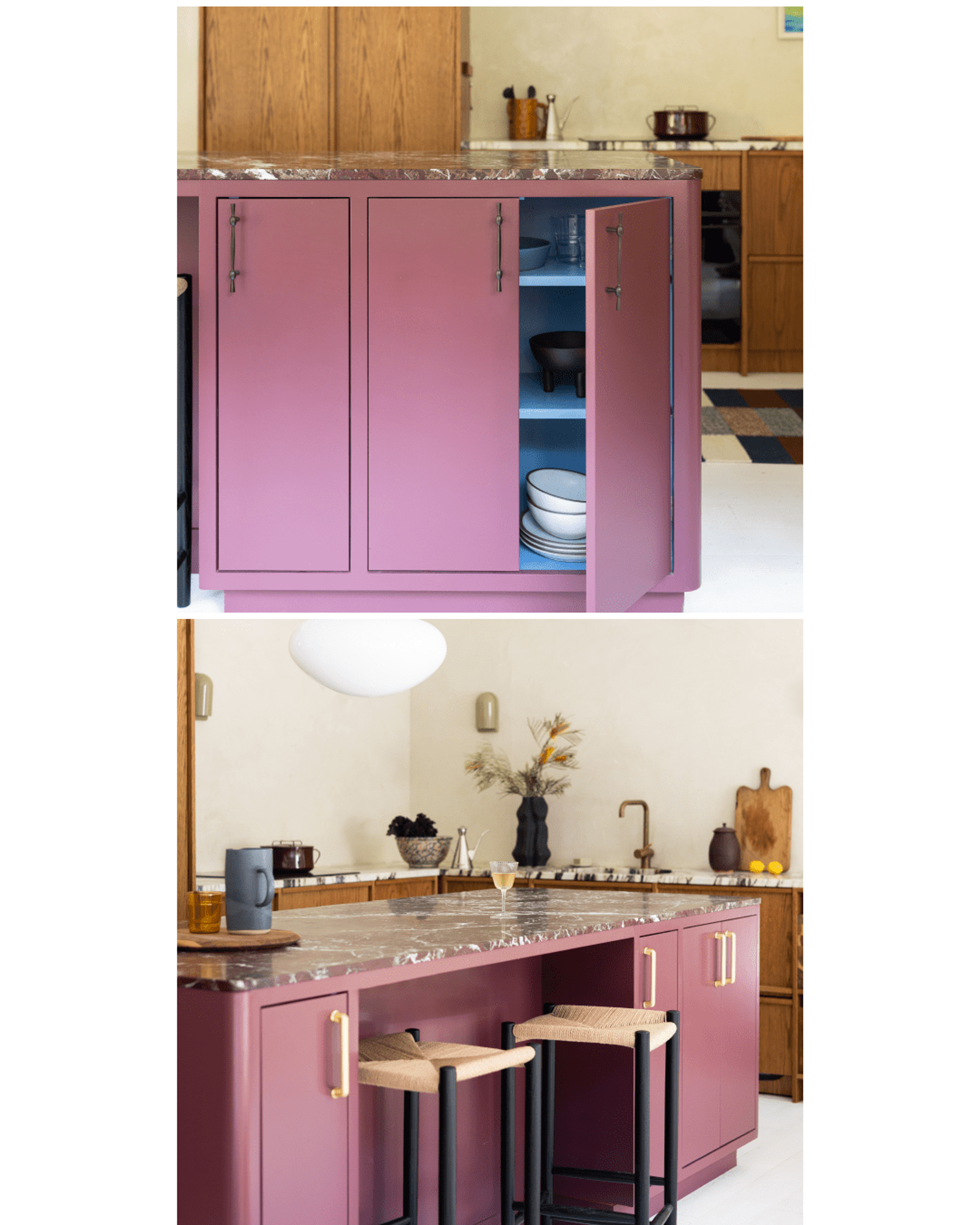 Purple cabinet with brass hardware.