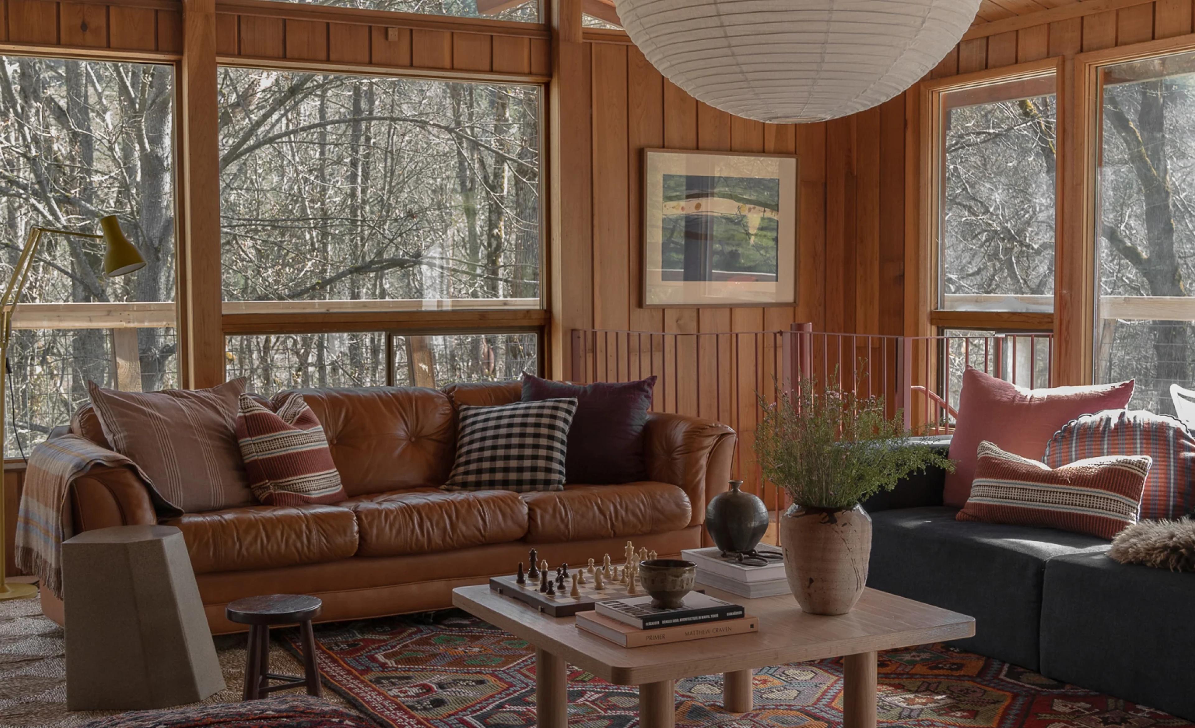 wood paneled cabin living room 