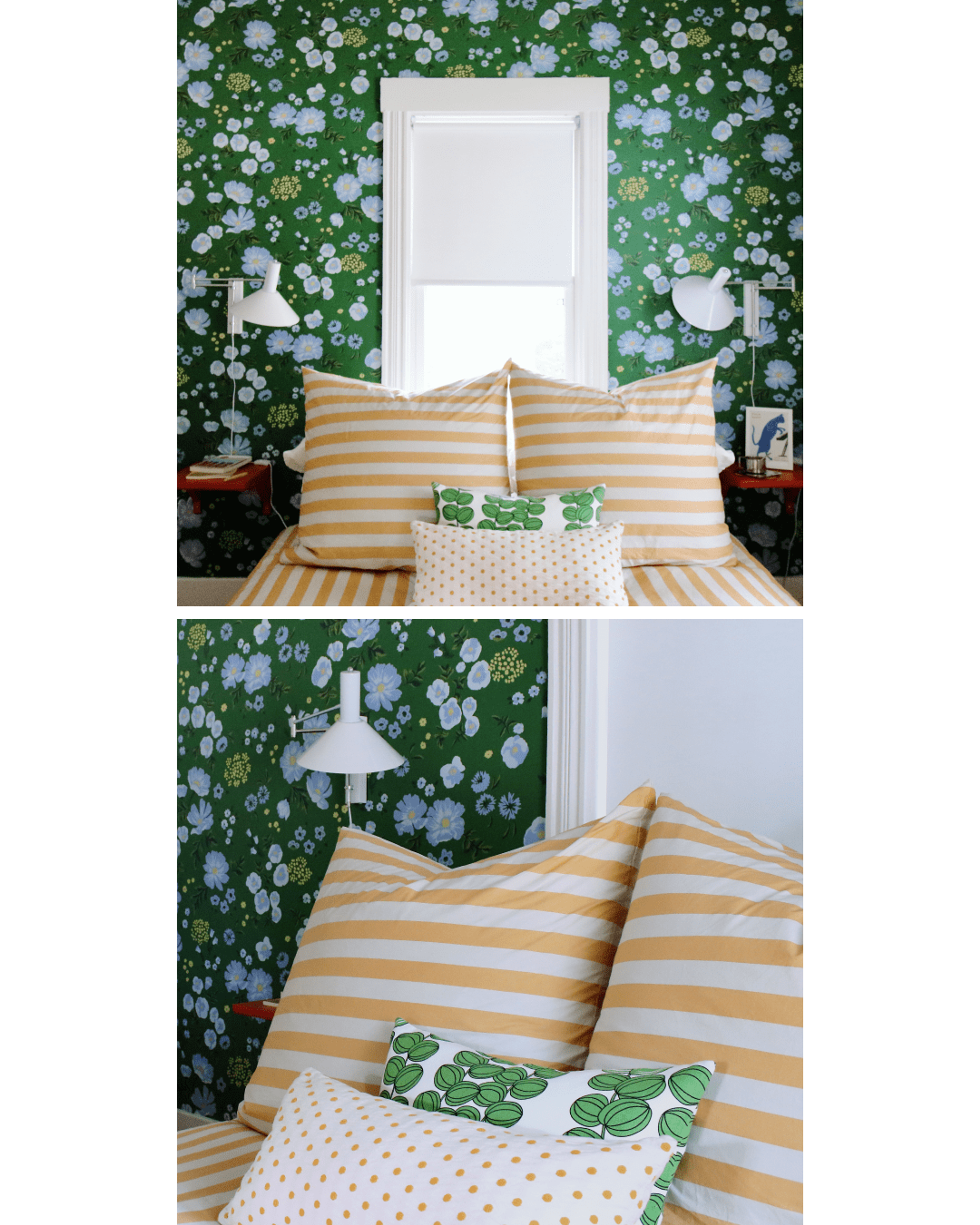 blue floral wallpaper bedroom with striped yellow bedding