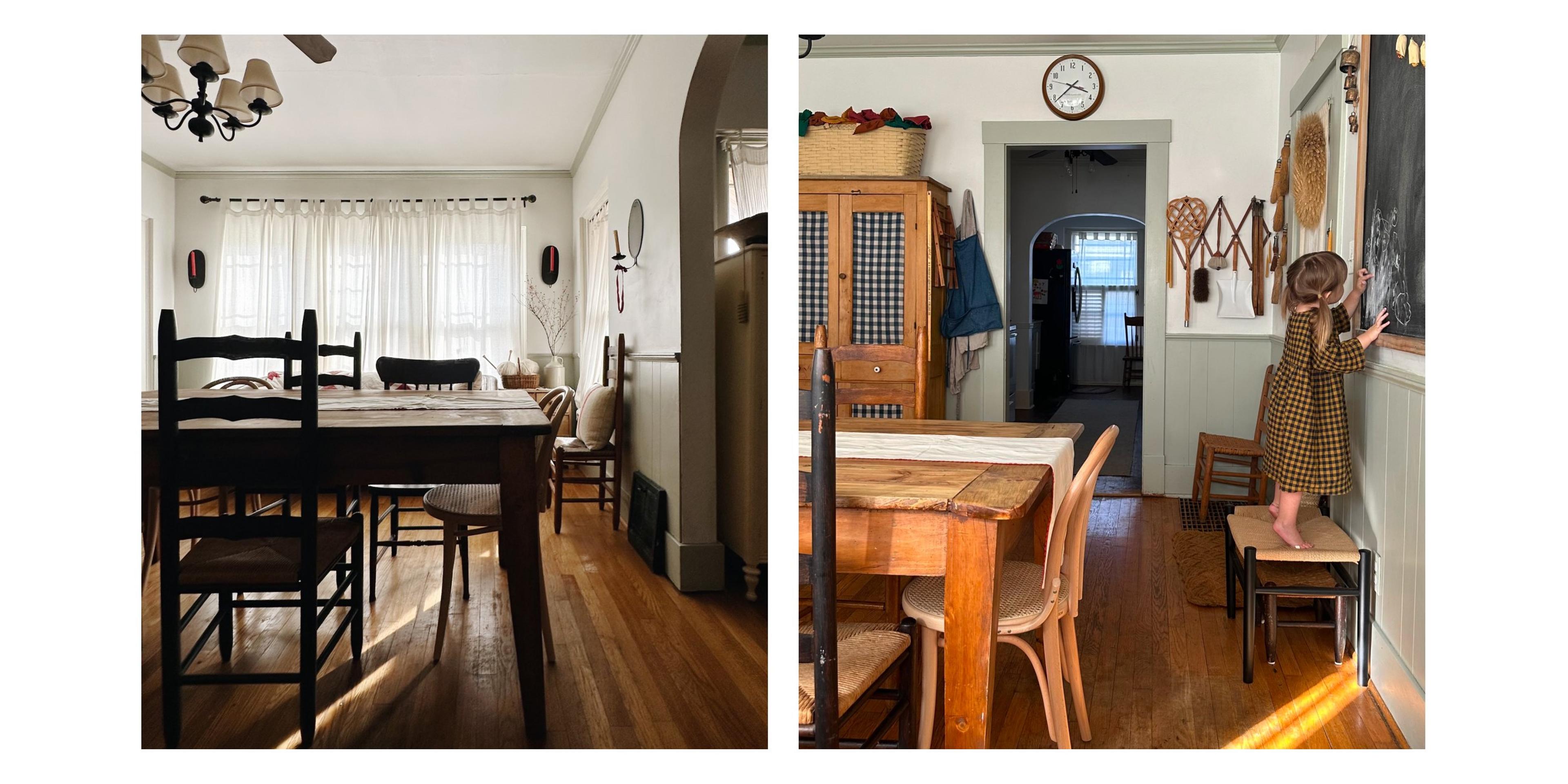 Farmhouse kitchen with wooden table, blackboard and butterscotch clock