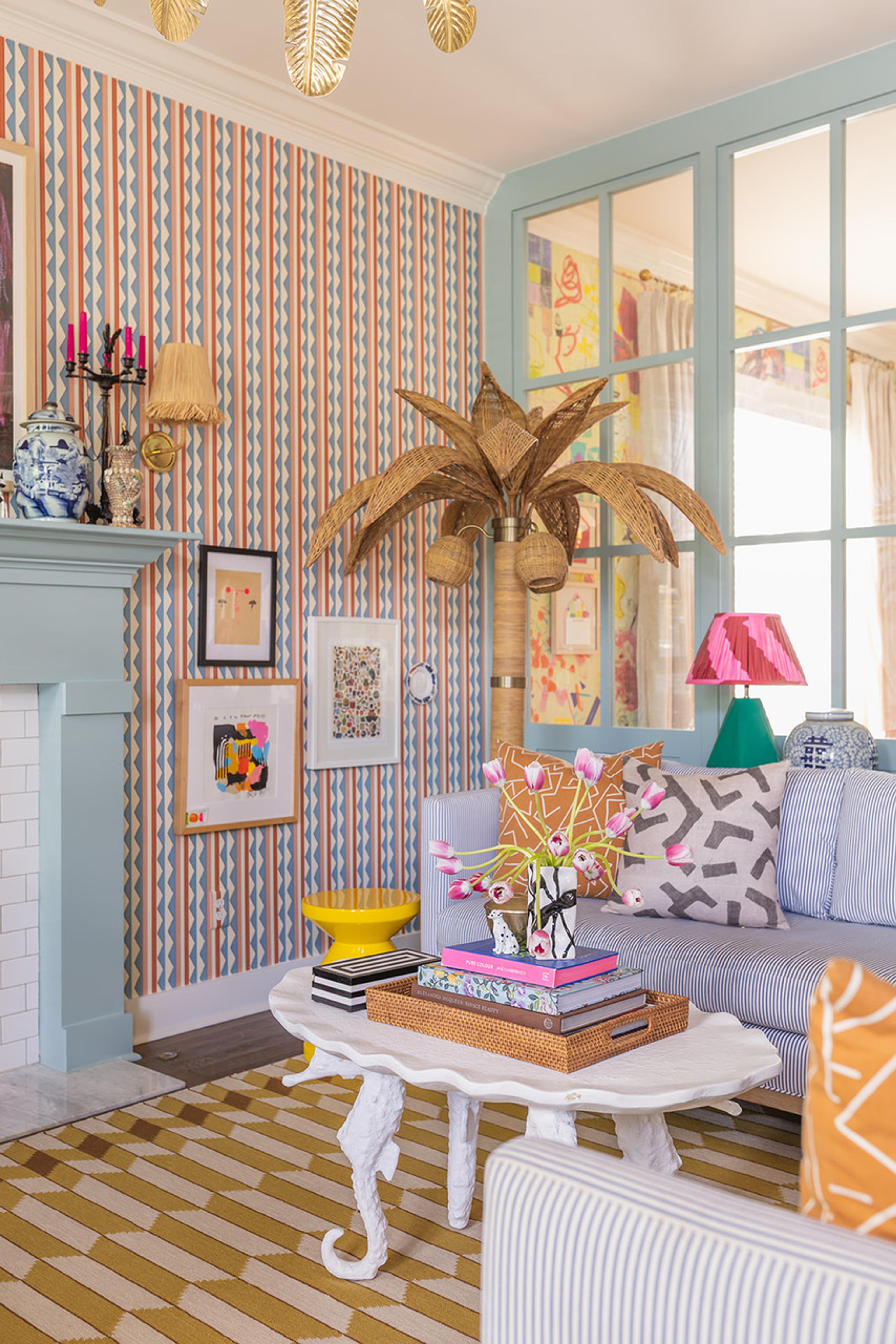 Bright living room with palm tree light.