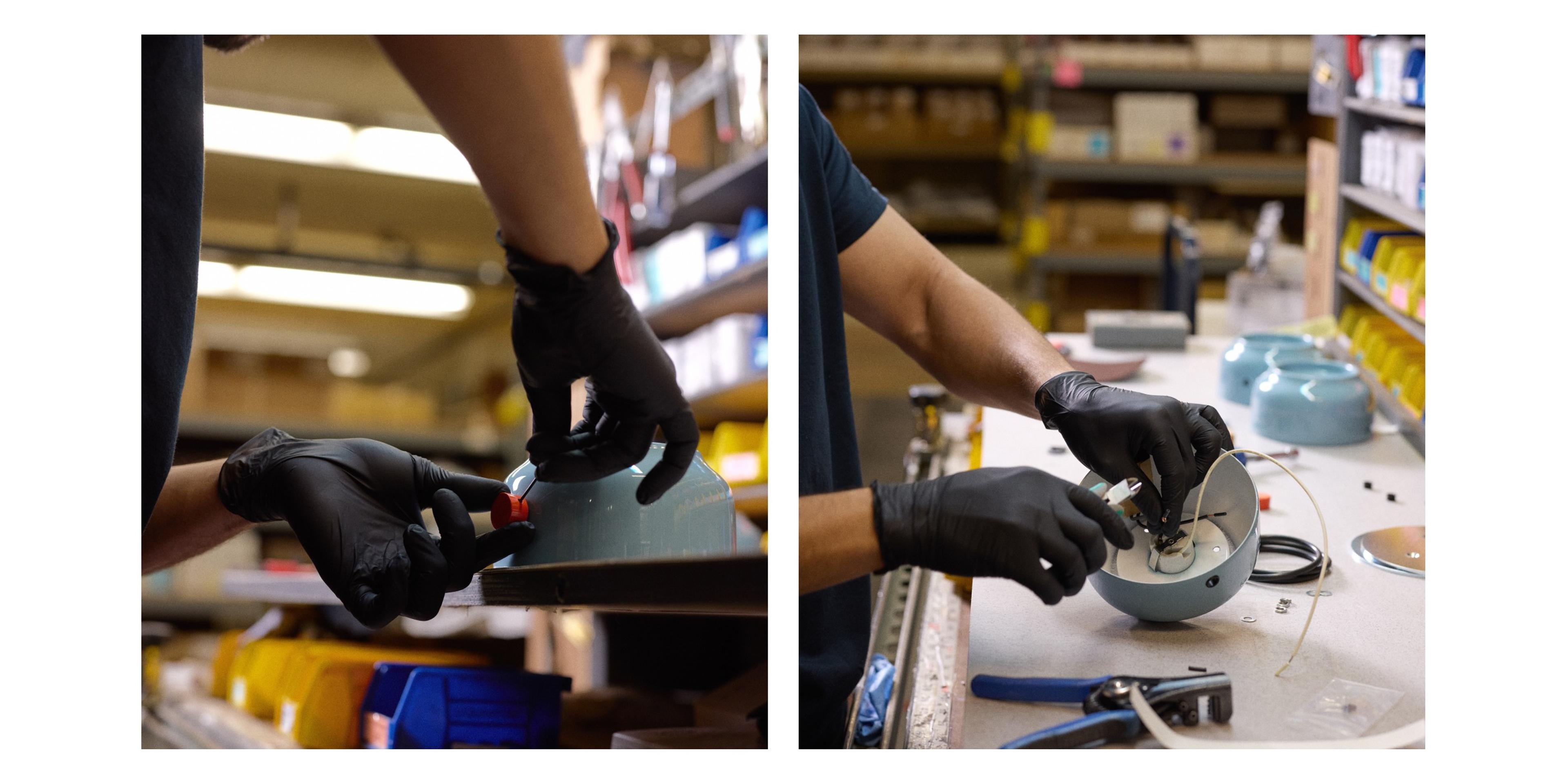 factory worker assembling sky blue base to persimmon dimmer knob at workbench 