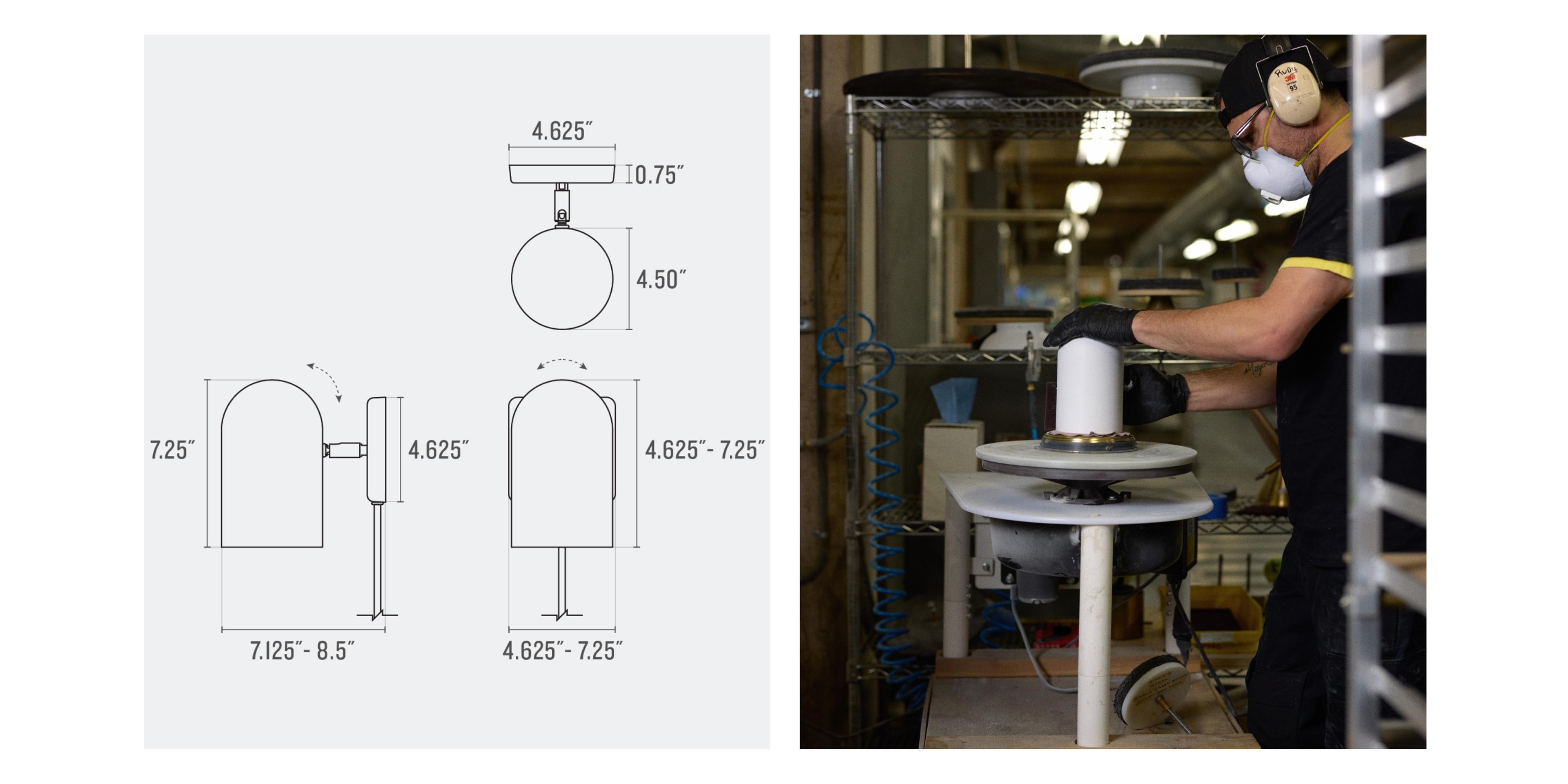 line drawing of sconce dimensions and factory worker sanding piece of metal for sconce to be painted