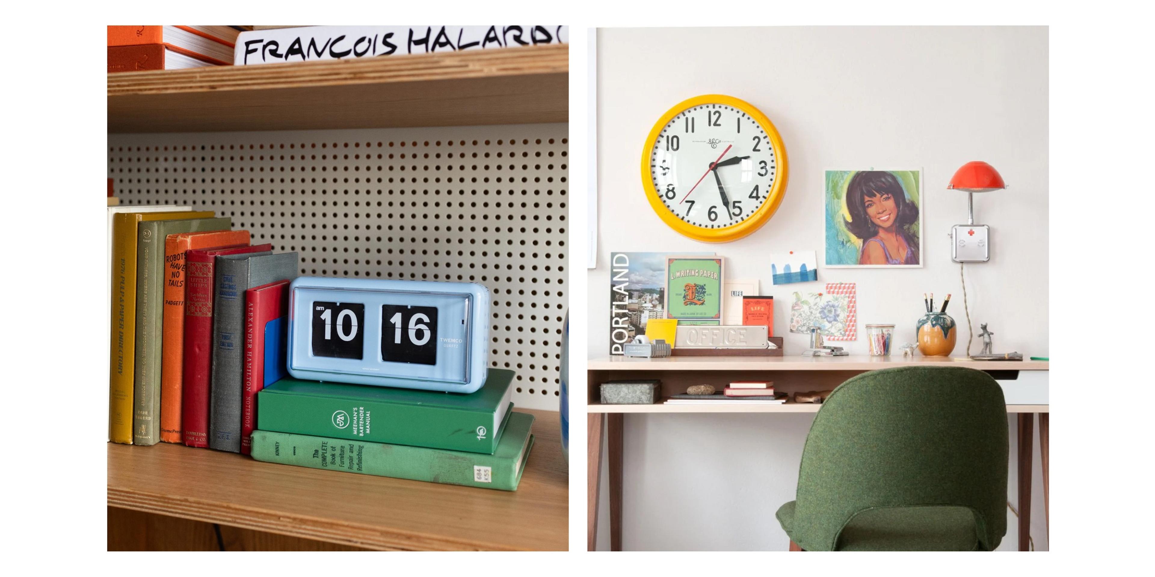 Clock on a shelf and a WFH set up.