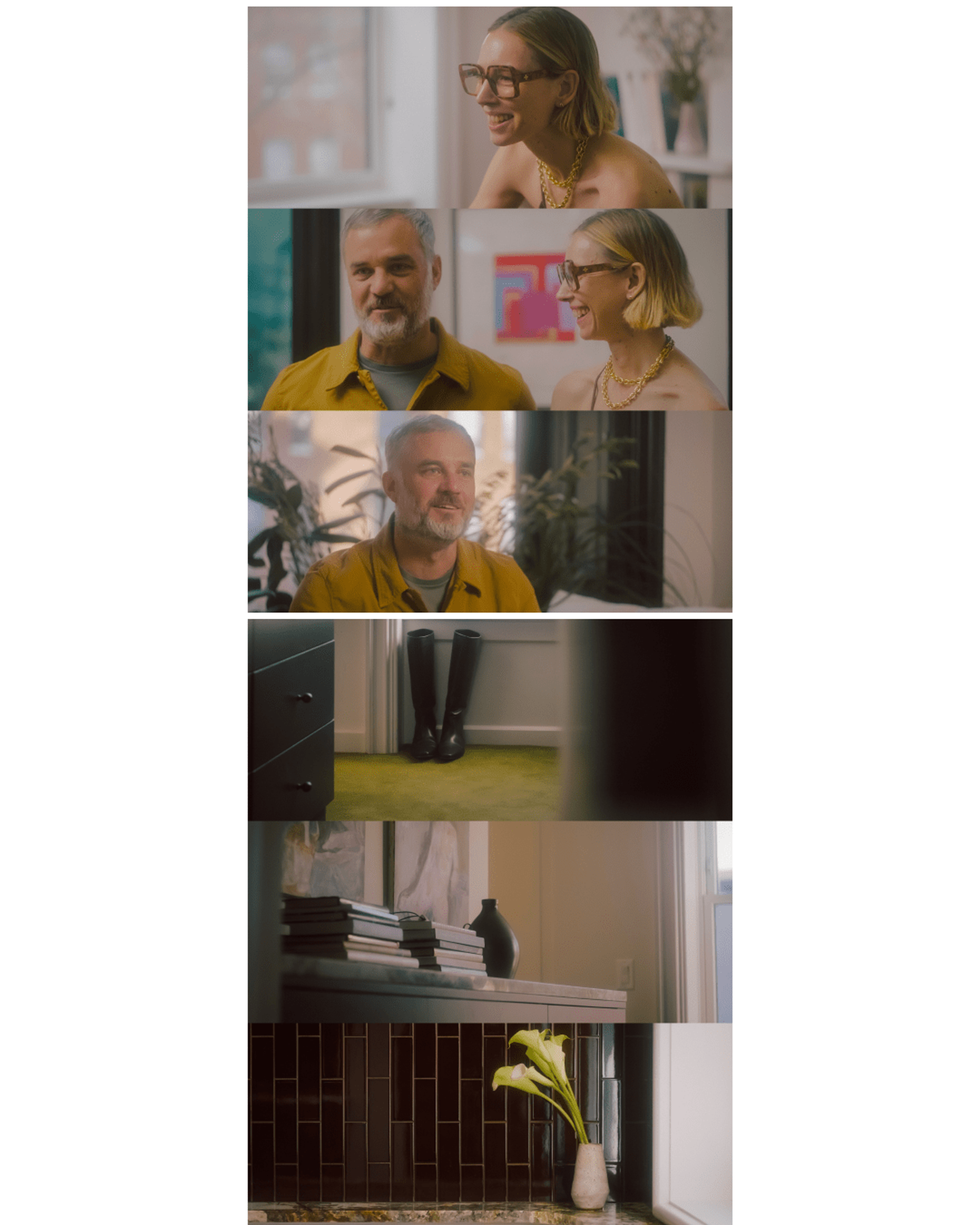 Frames of people talking and details of the home - black boots on green carpet and corner of tiled counter