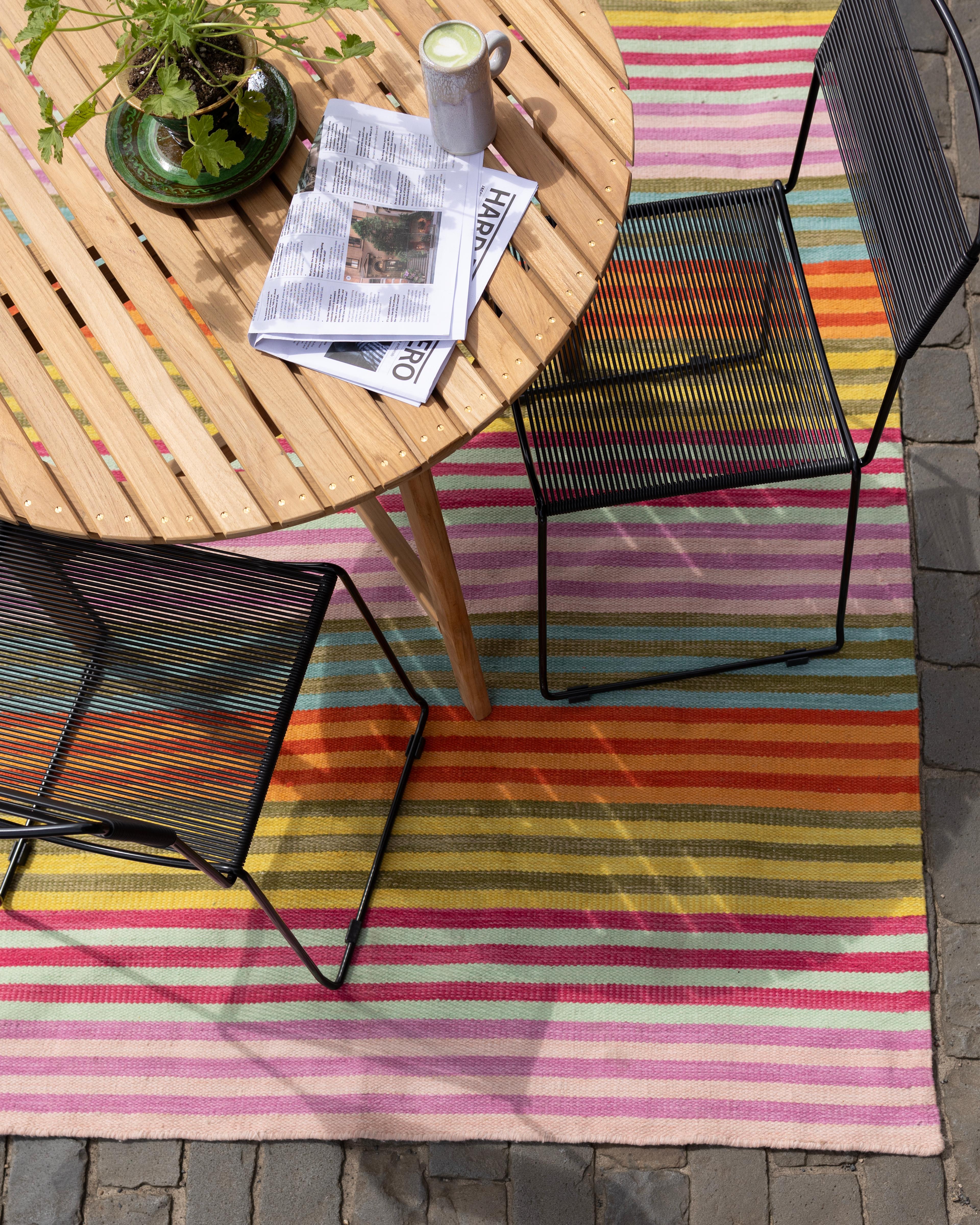 Colorful woven rug with patio furniture