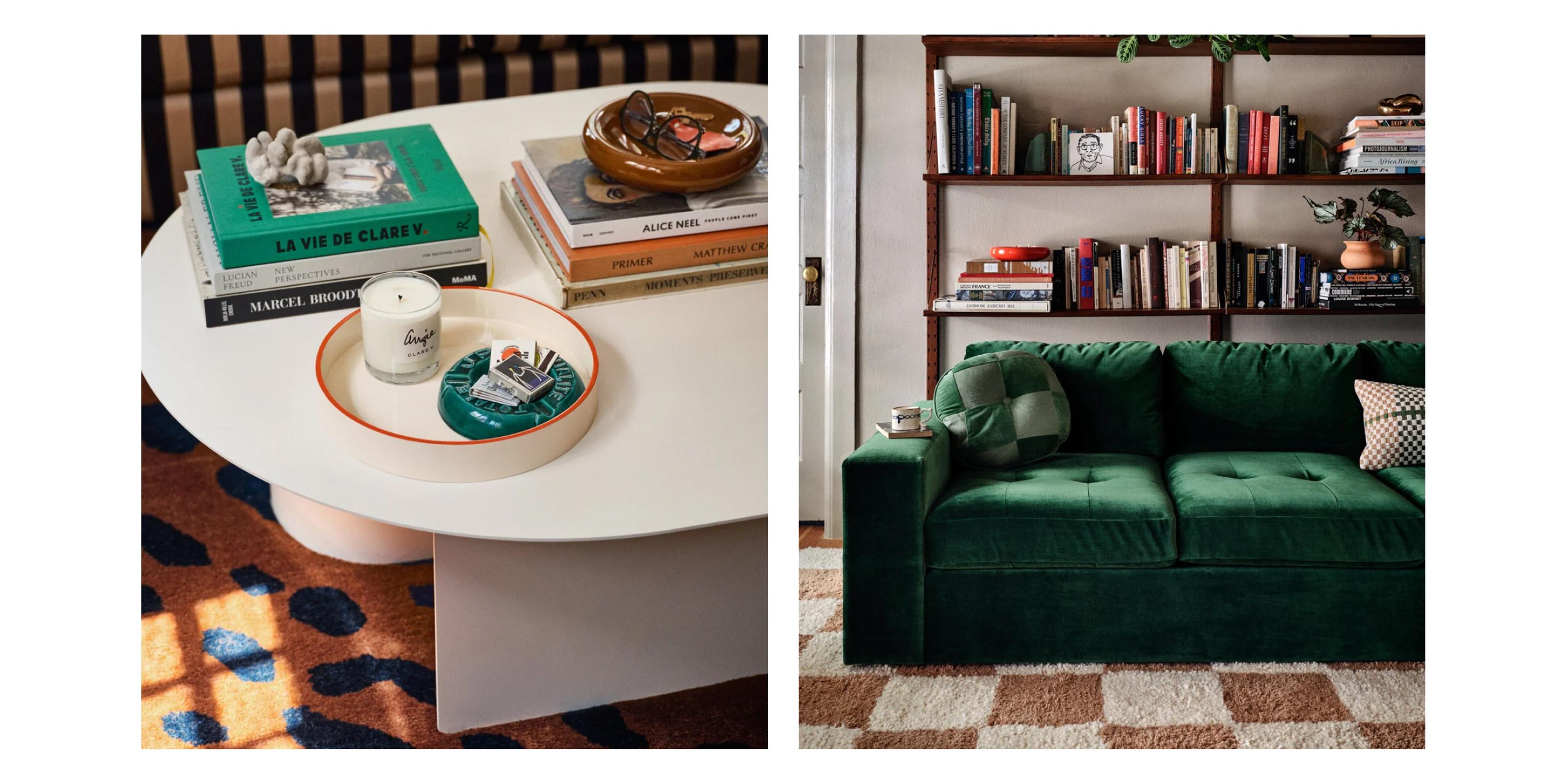Maximalist living room with green couch and lots of books.