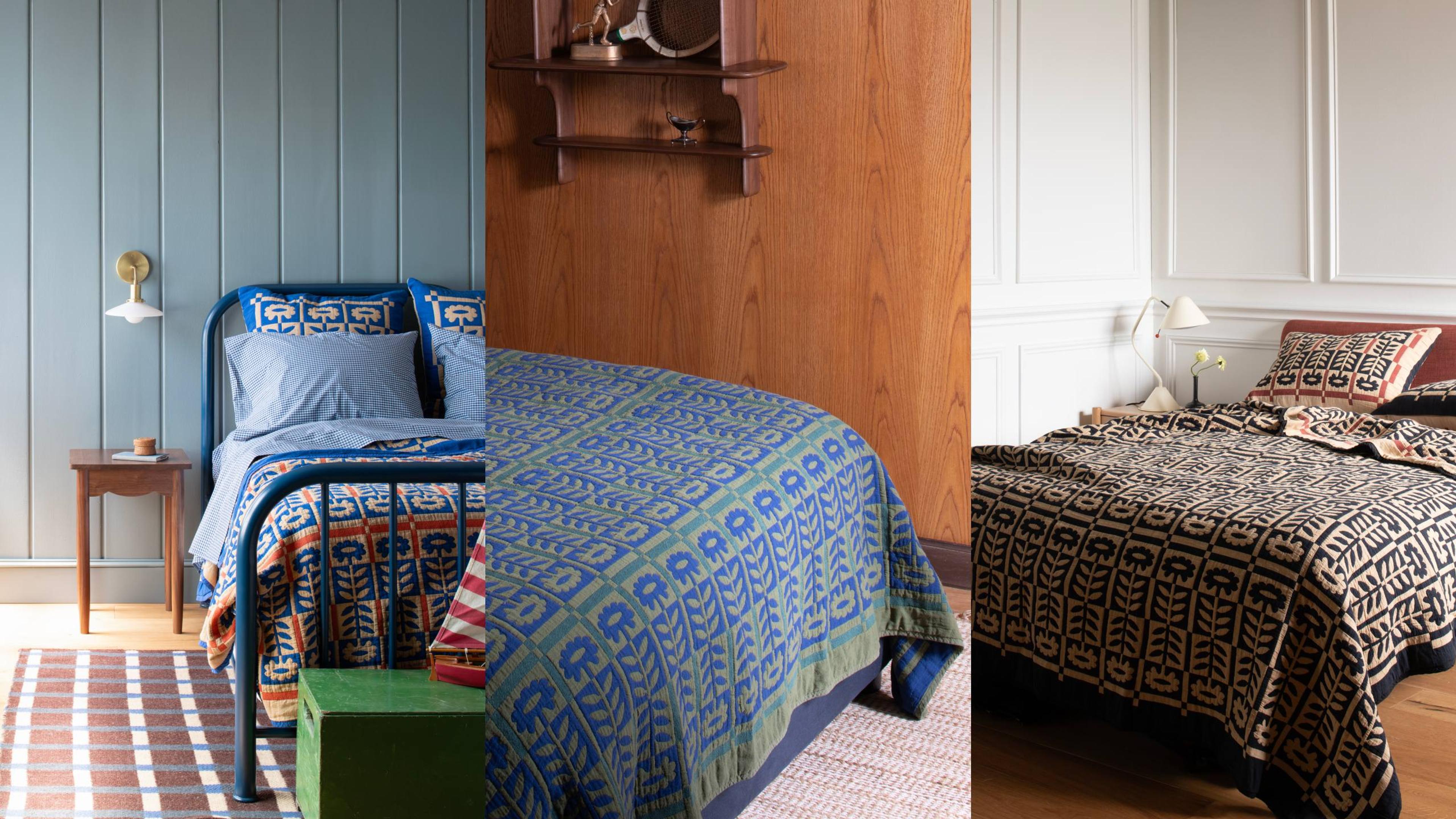 Triptych image of three beds with new Stillwater Floral Quilts