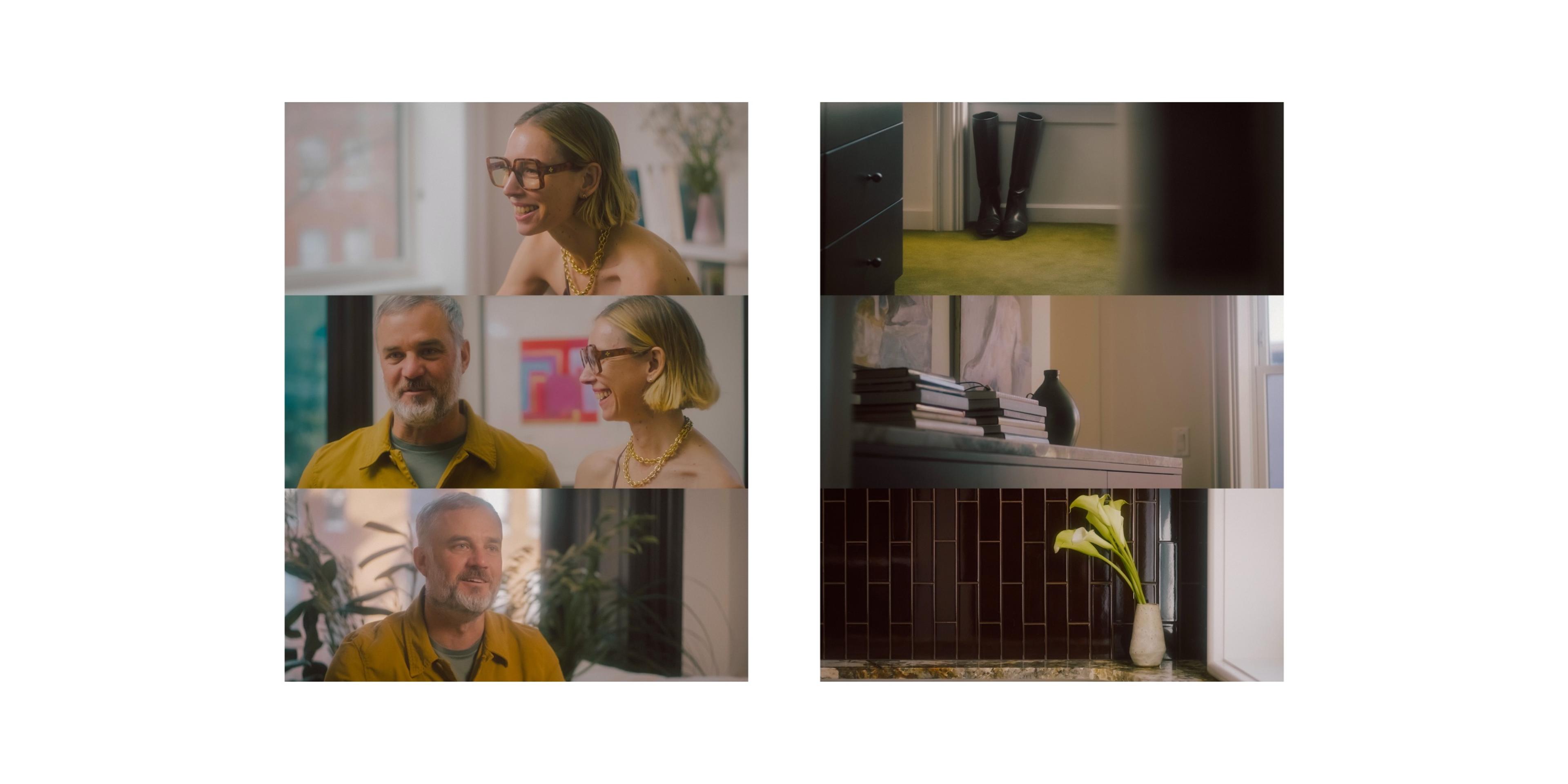 Frames of people talking and details of the home - black boots on green carpet and corner of tiled counter