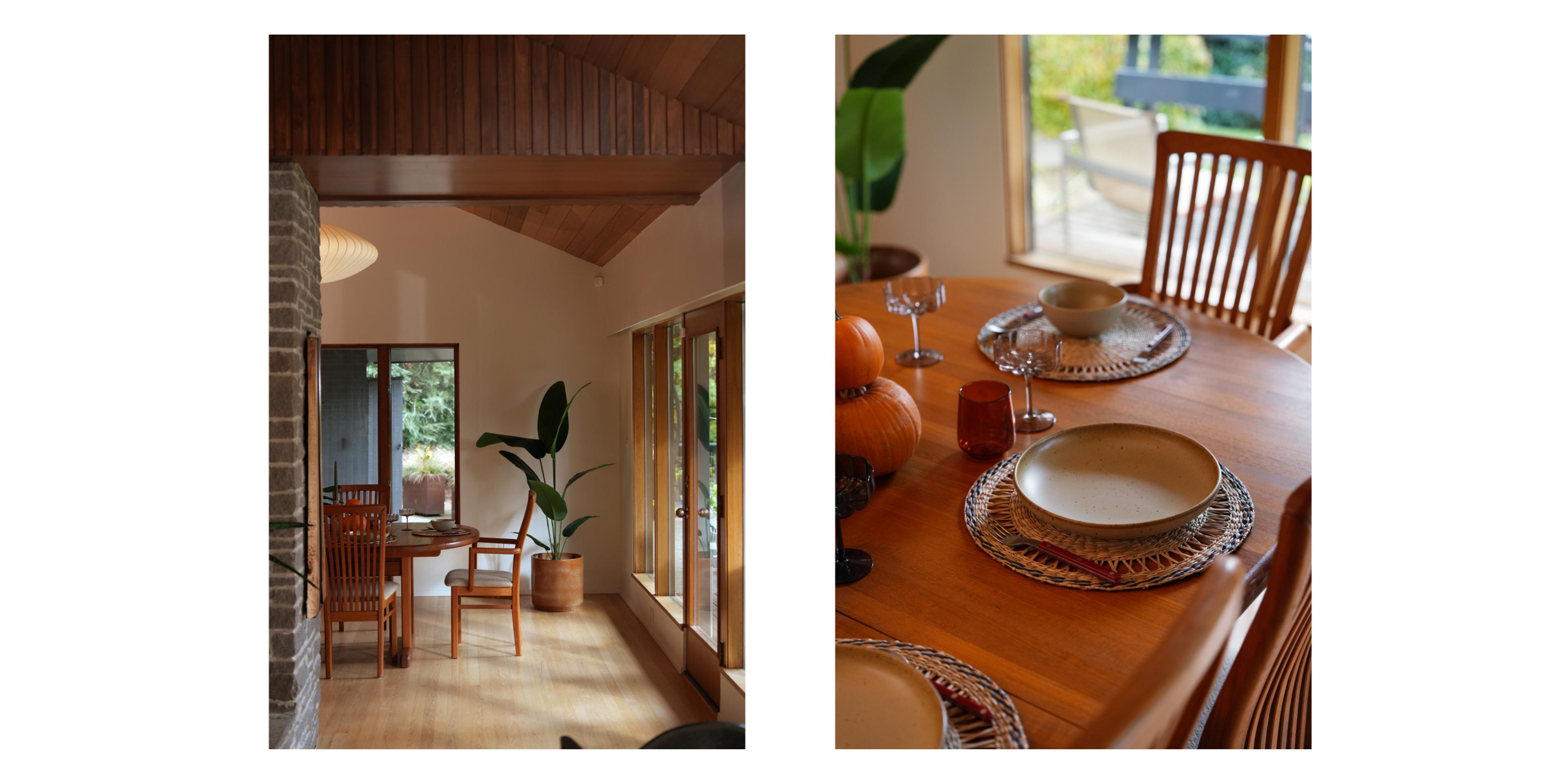 kitchen dining table set with plates and bowls