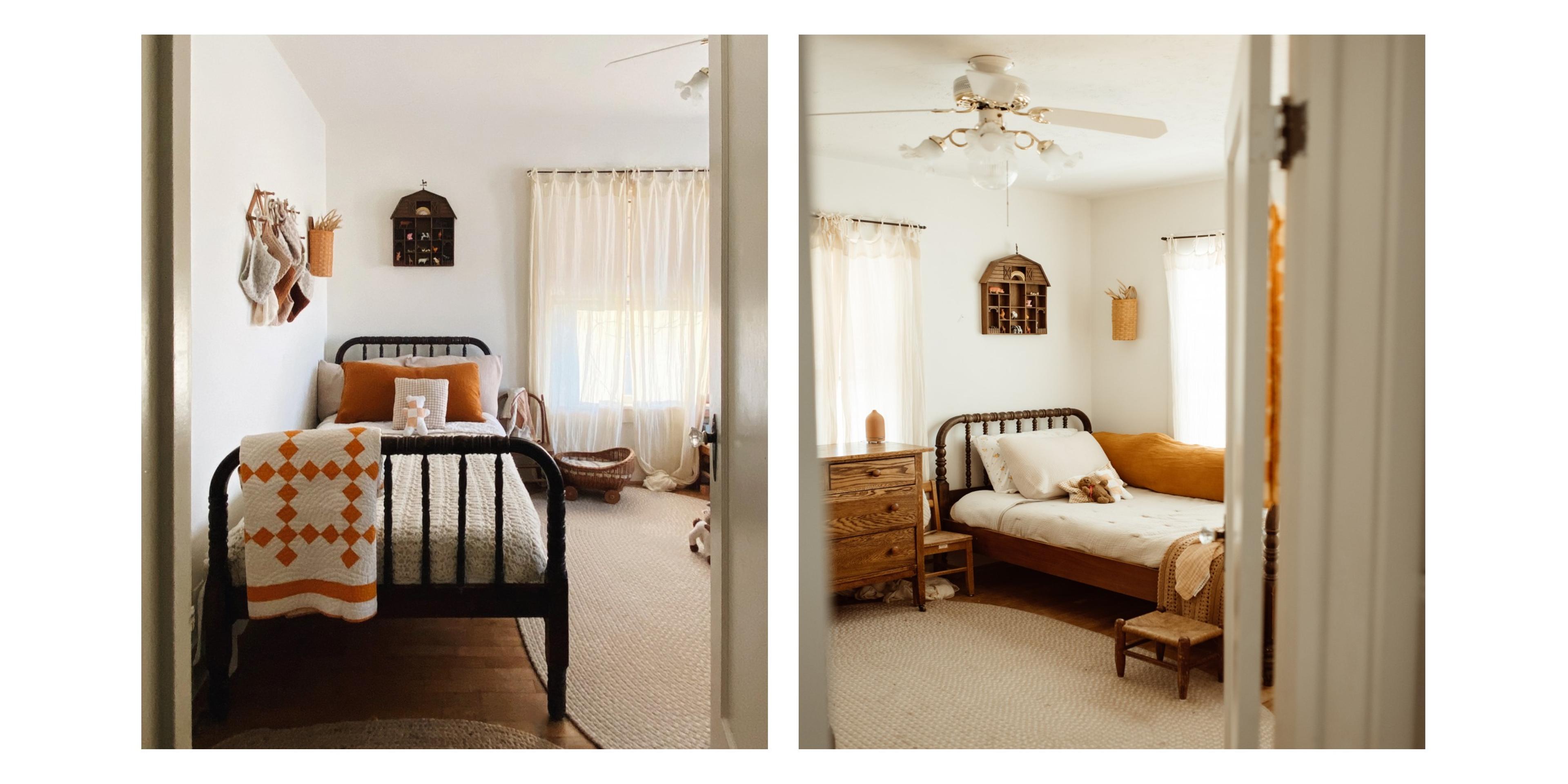 Bedroom with twin bed and traditional woven quilts hanging over end of bed frame