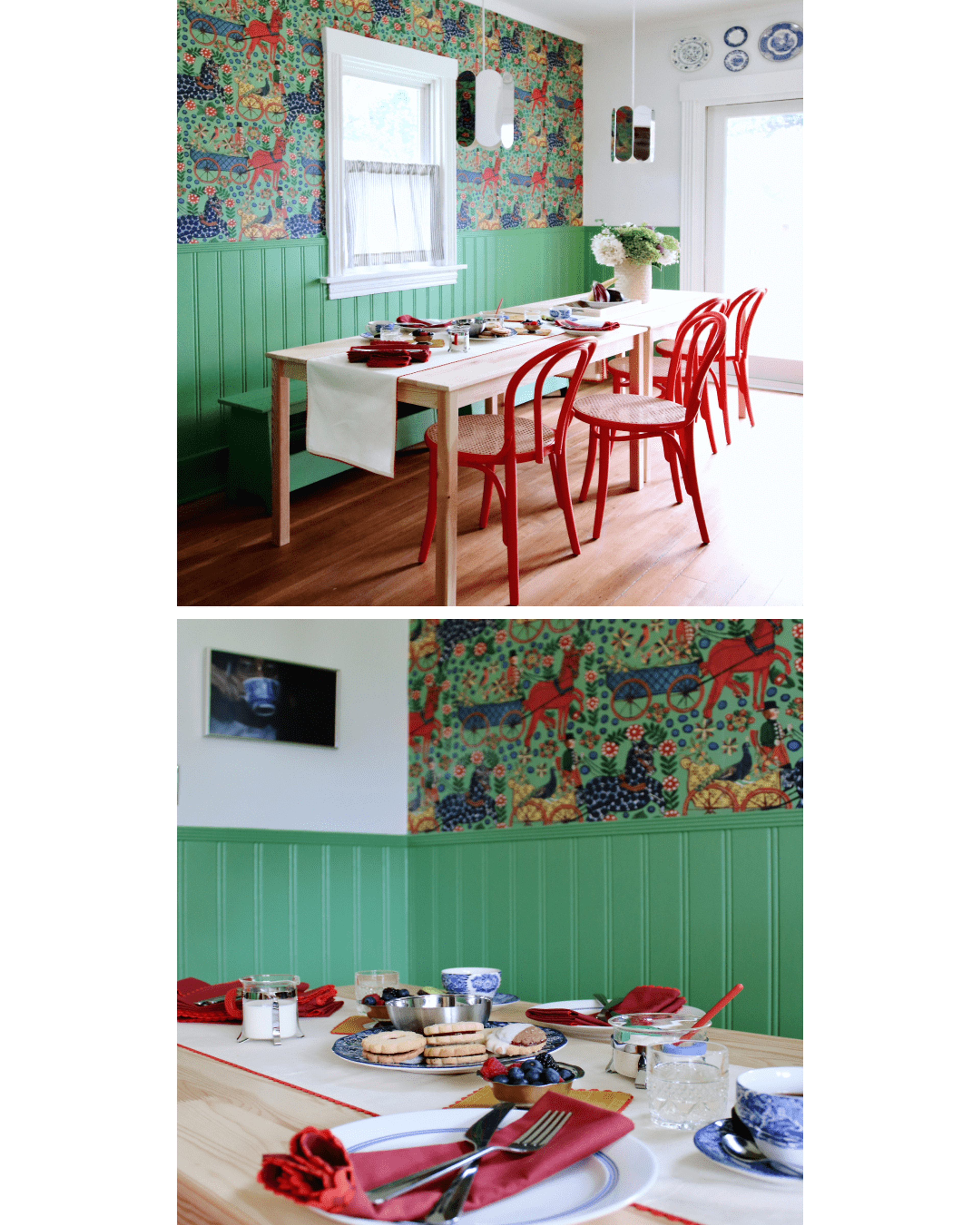 green paneled dining room with maple table and red scalloped napkins