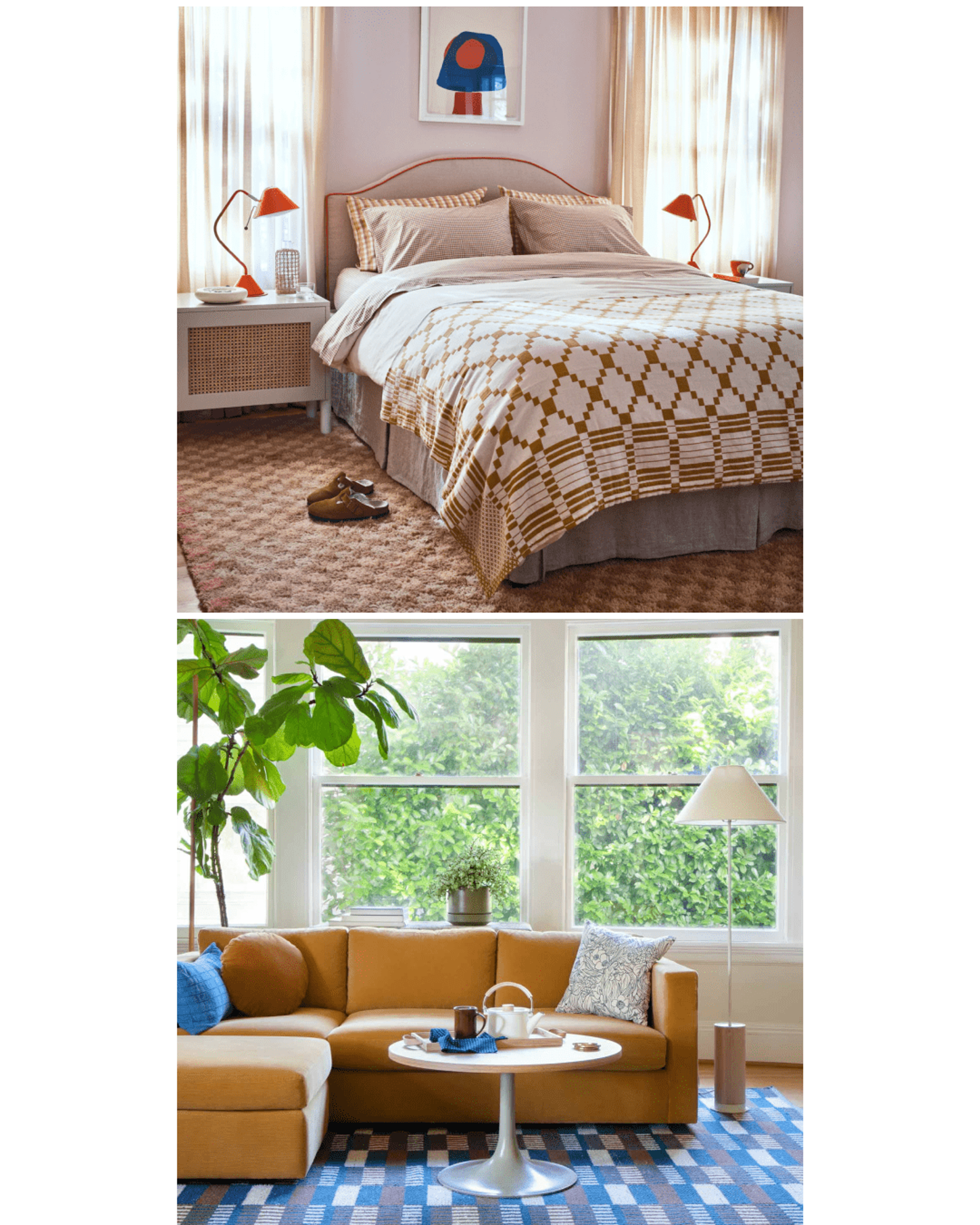 Image of maximalist bed next to image of yellow corduroy sofa. 