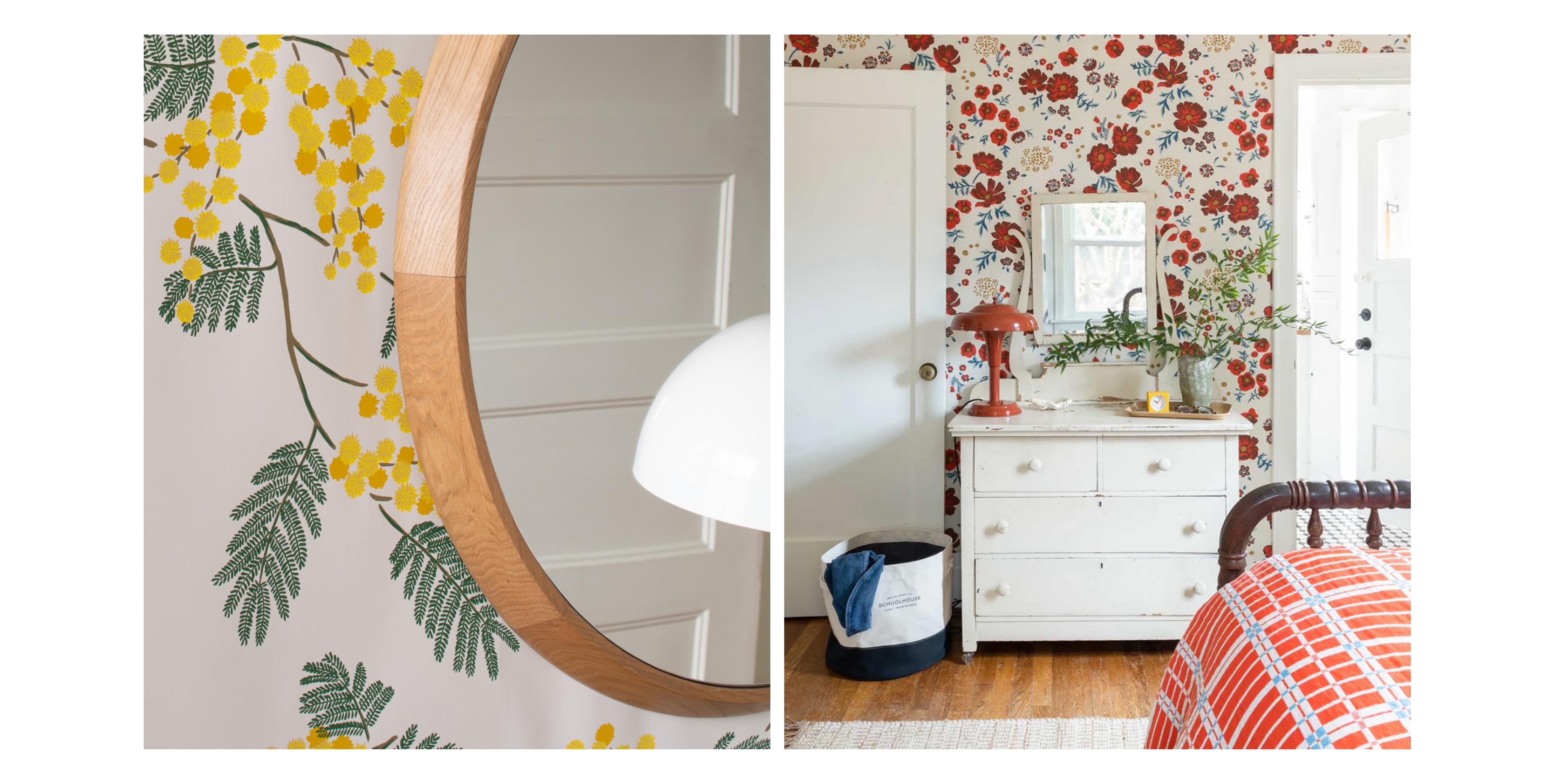 Two side by side photos of different wallpapers in various rooms.