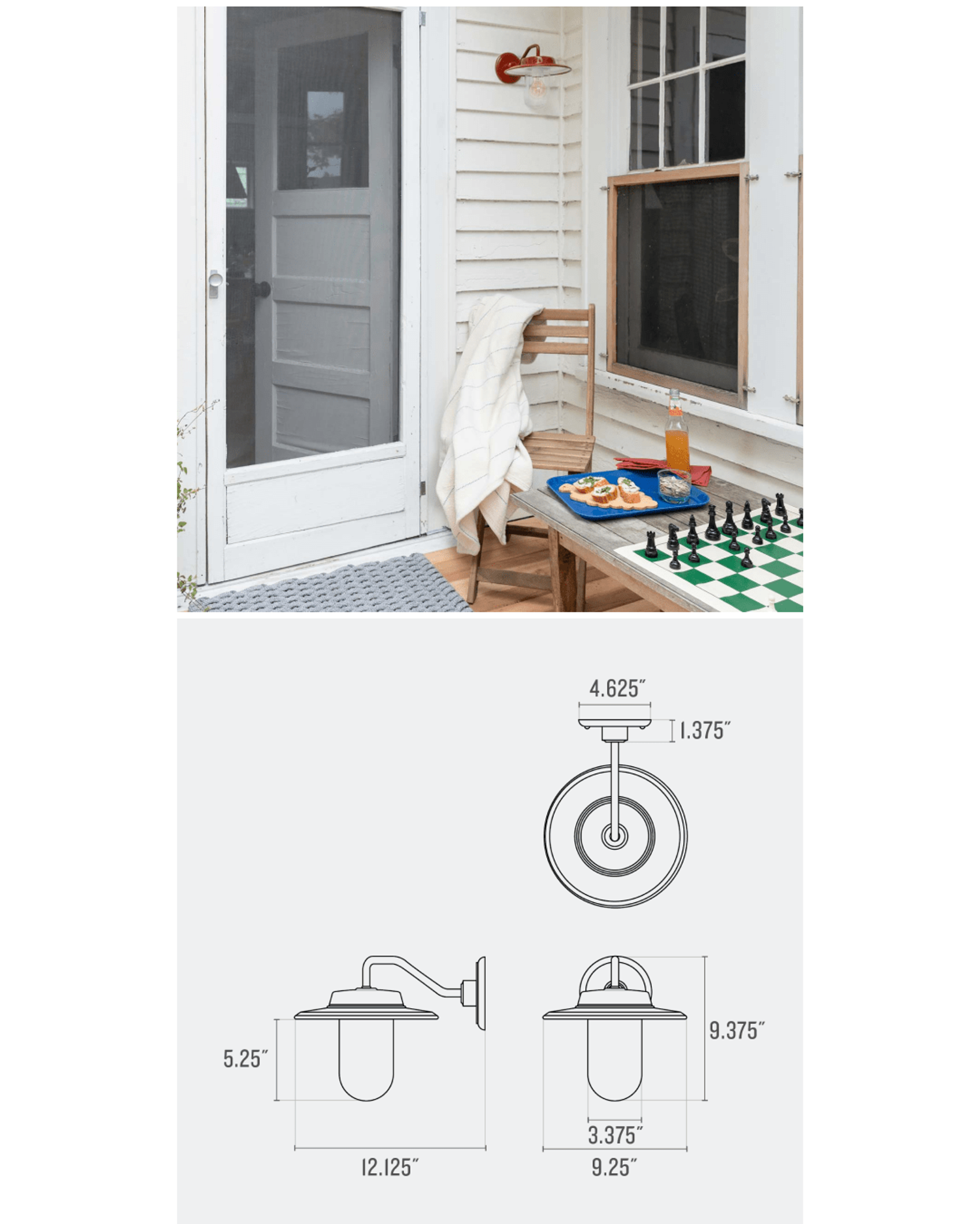 red bell sconce on back patio door over chairs and table with a chess set