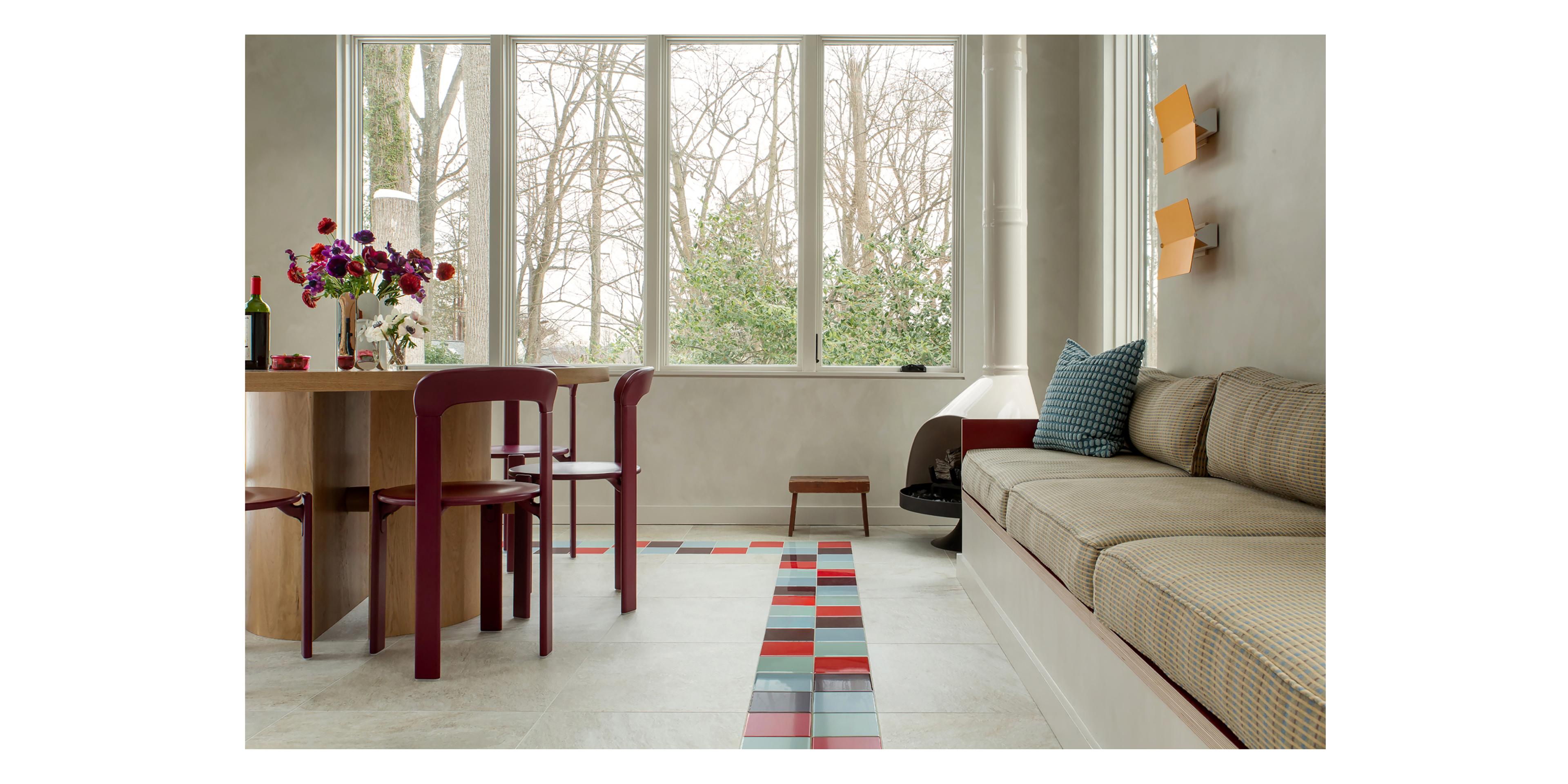 living room with colorful tile 