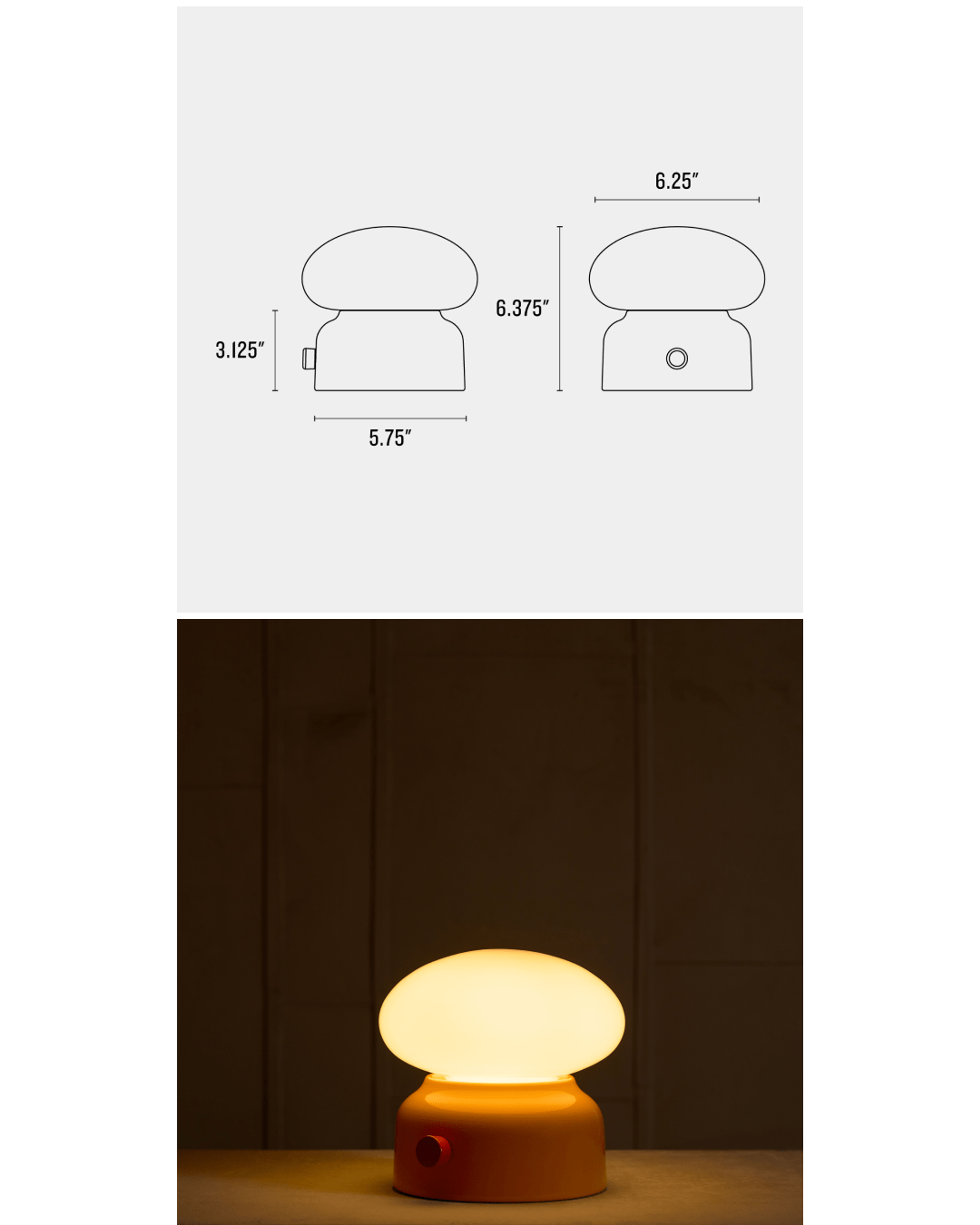 Line drawing and measurements of lamp with lit up yellow lamp & persimmon dimmer knob