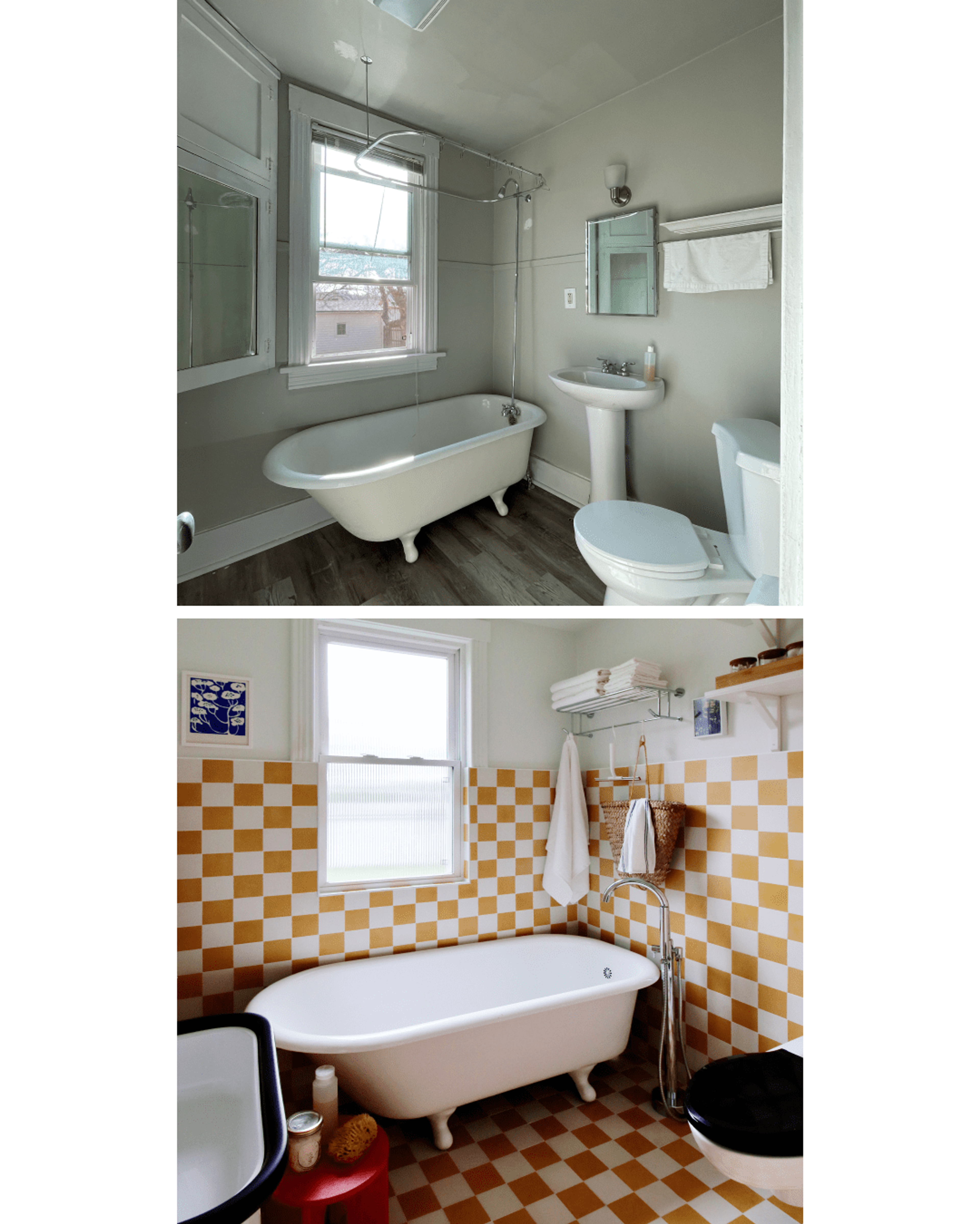 before and after of bathroom with yellow tiles 