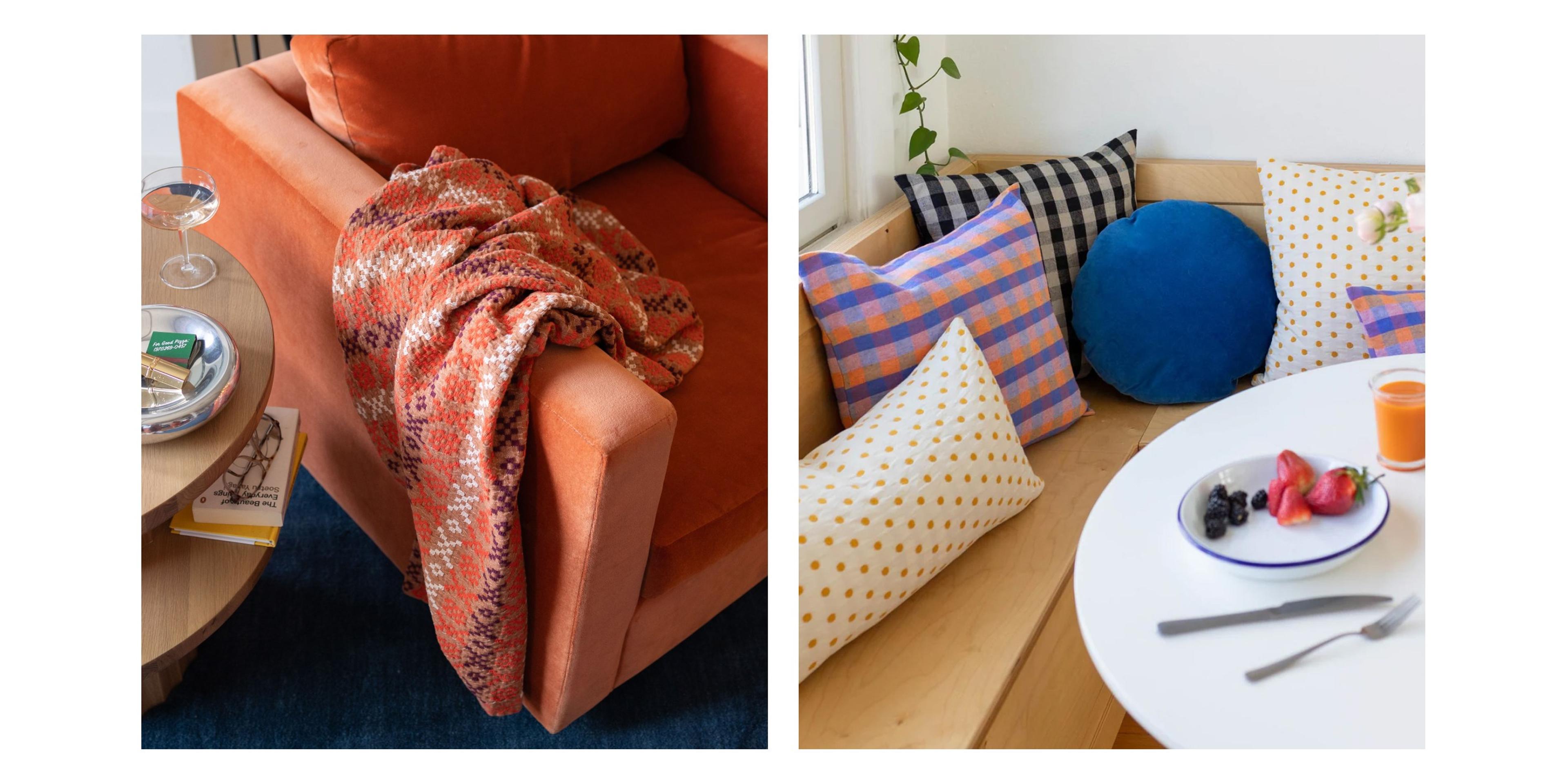 Red chair with throw over it and cozy dining nook filled with pillows.