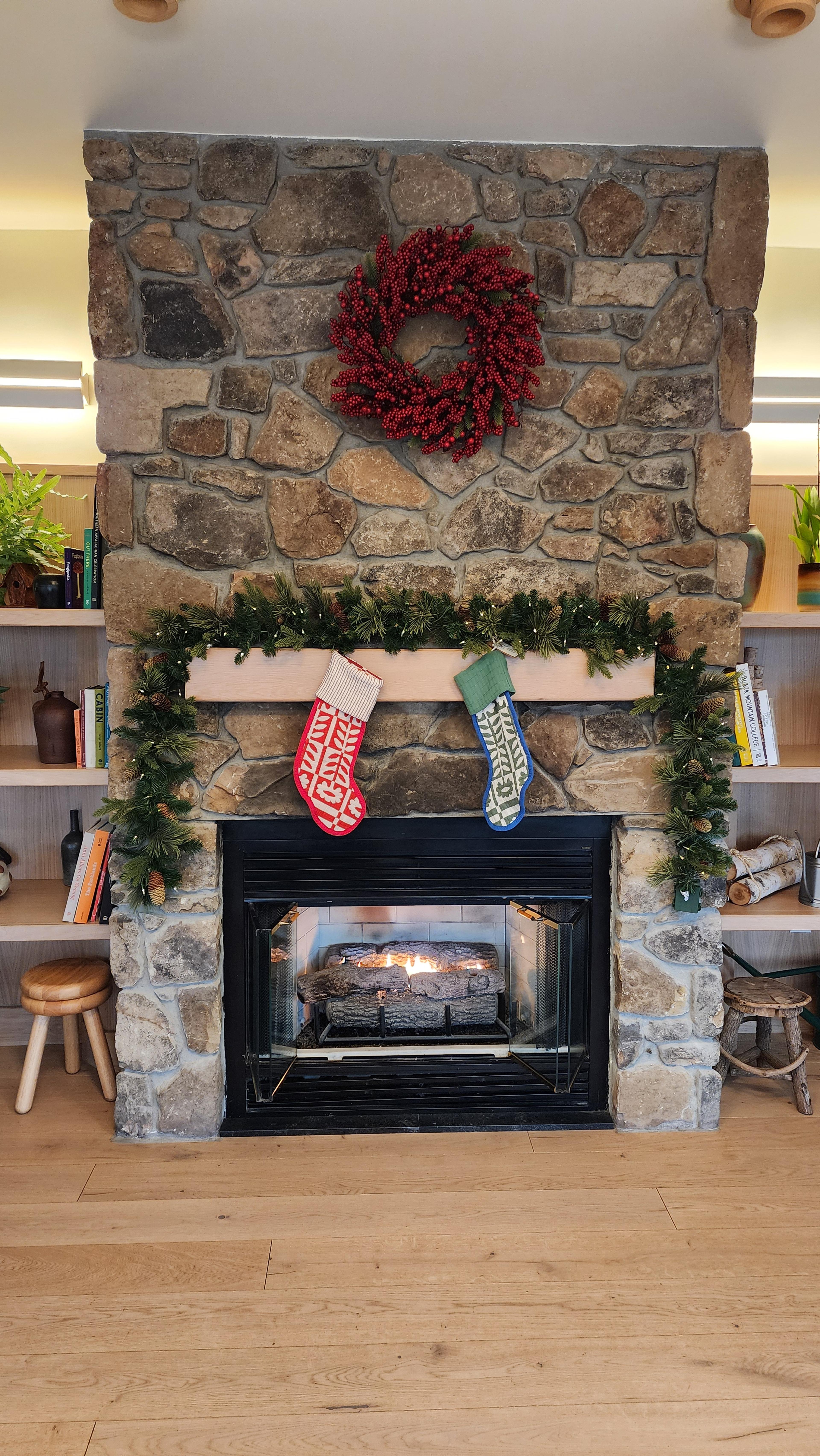 Fireplace with stockings.
