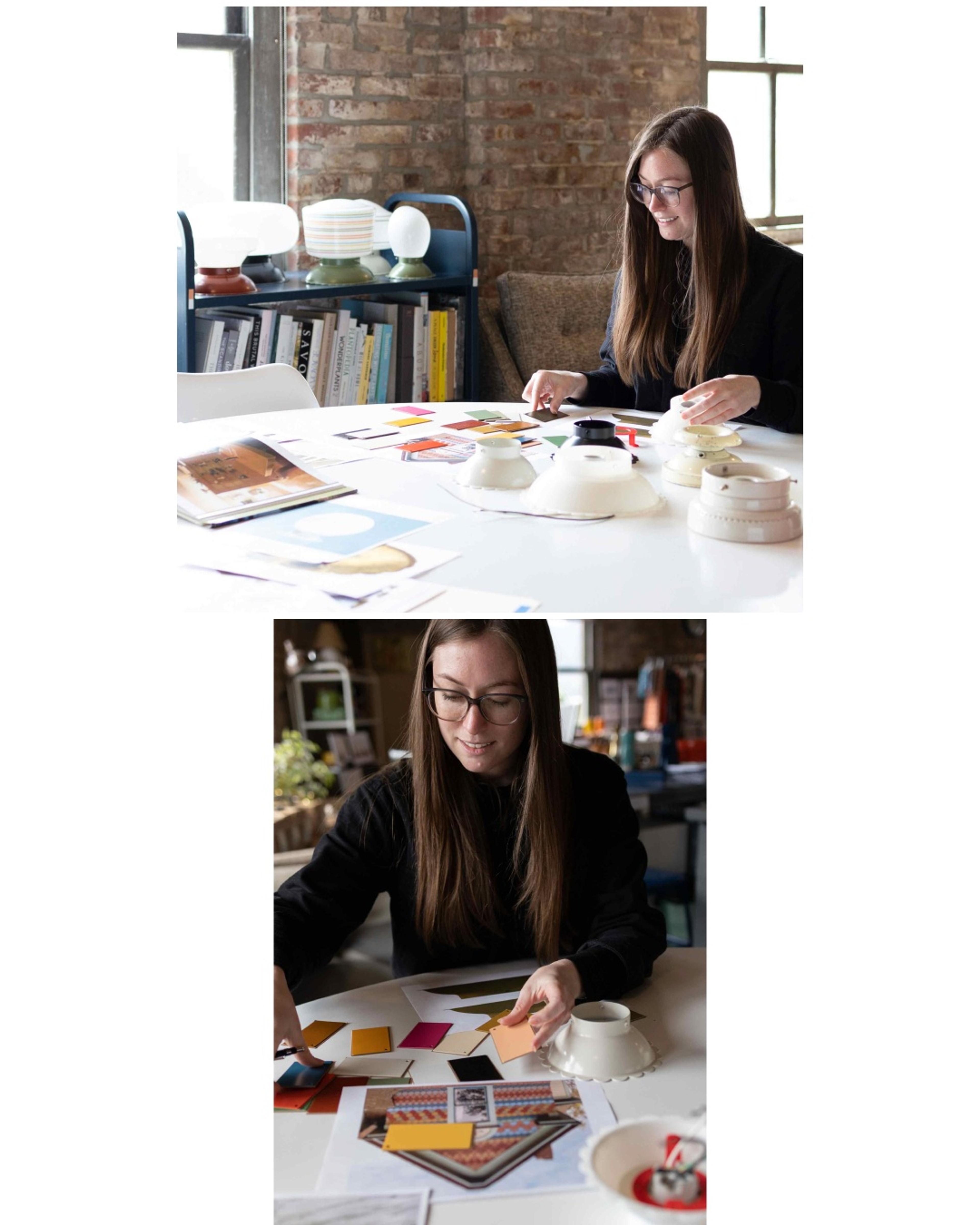 Designer at table with different sized scalloped shades and color samples