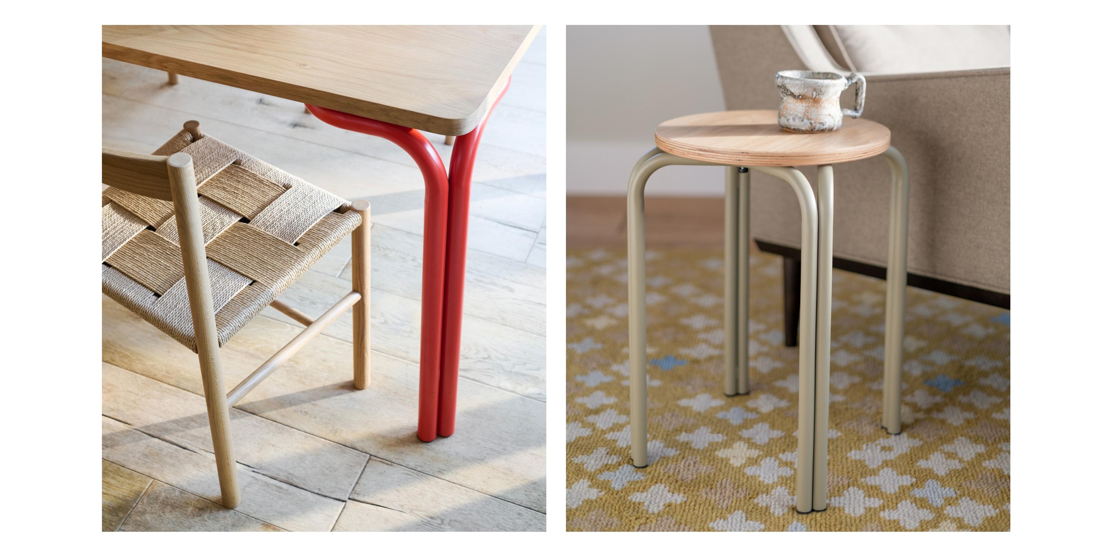 corner of dining room table with red legs and stool with green legs