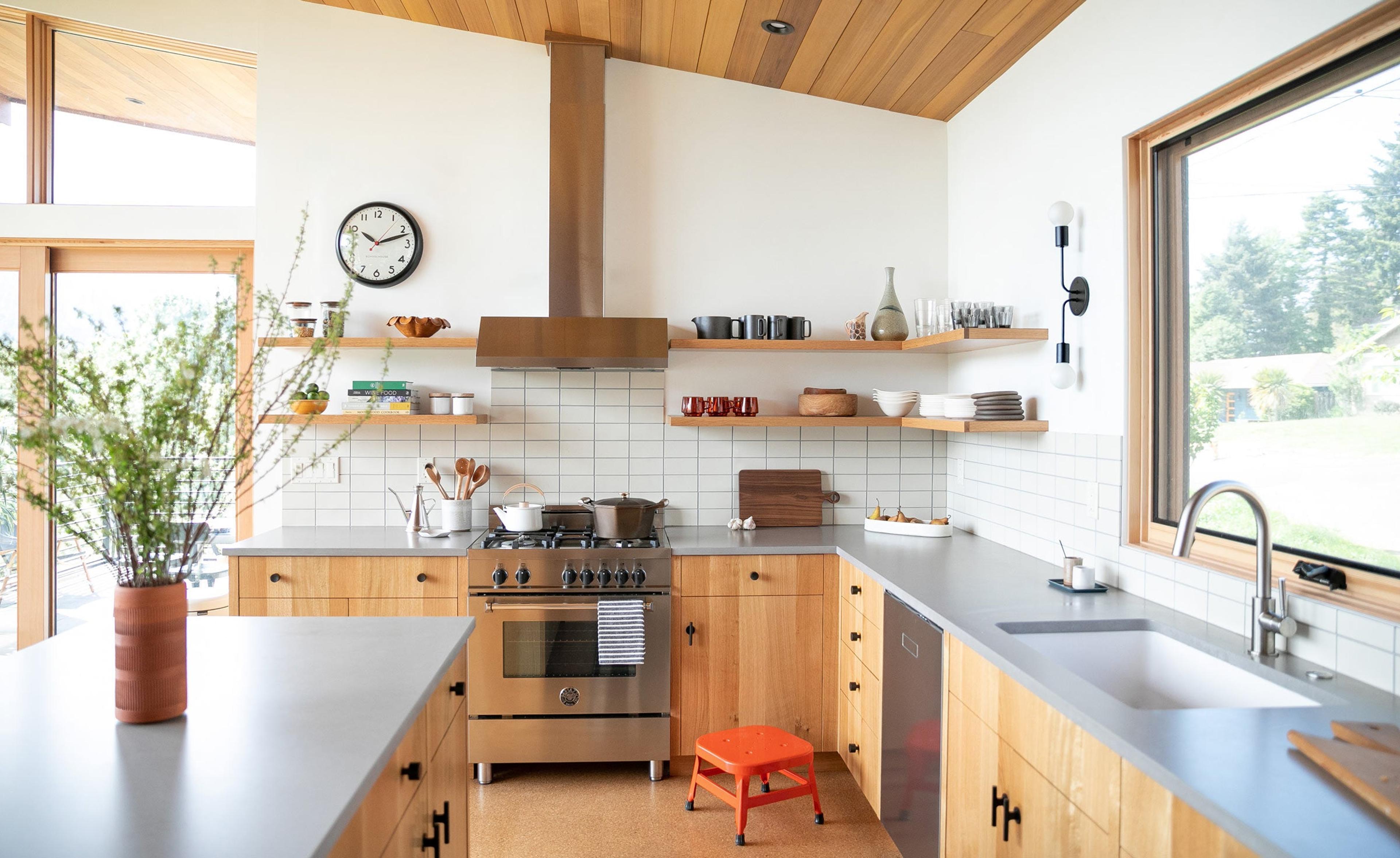 A Utility step stool in an open kitchen. 