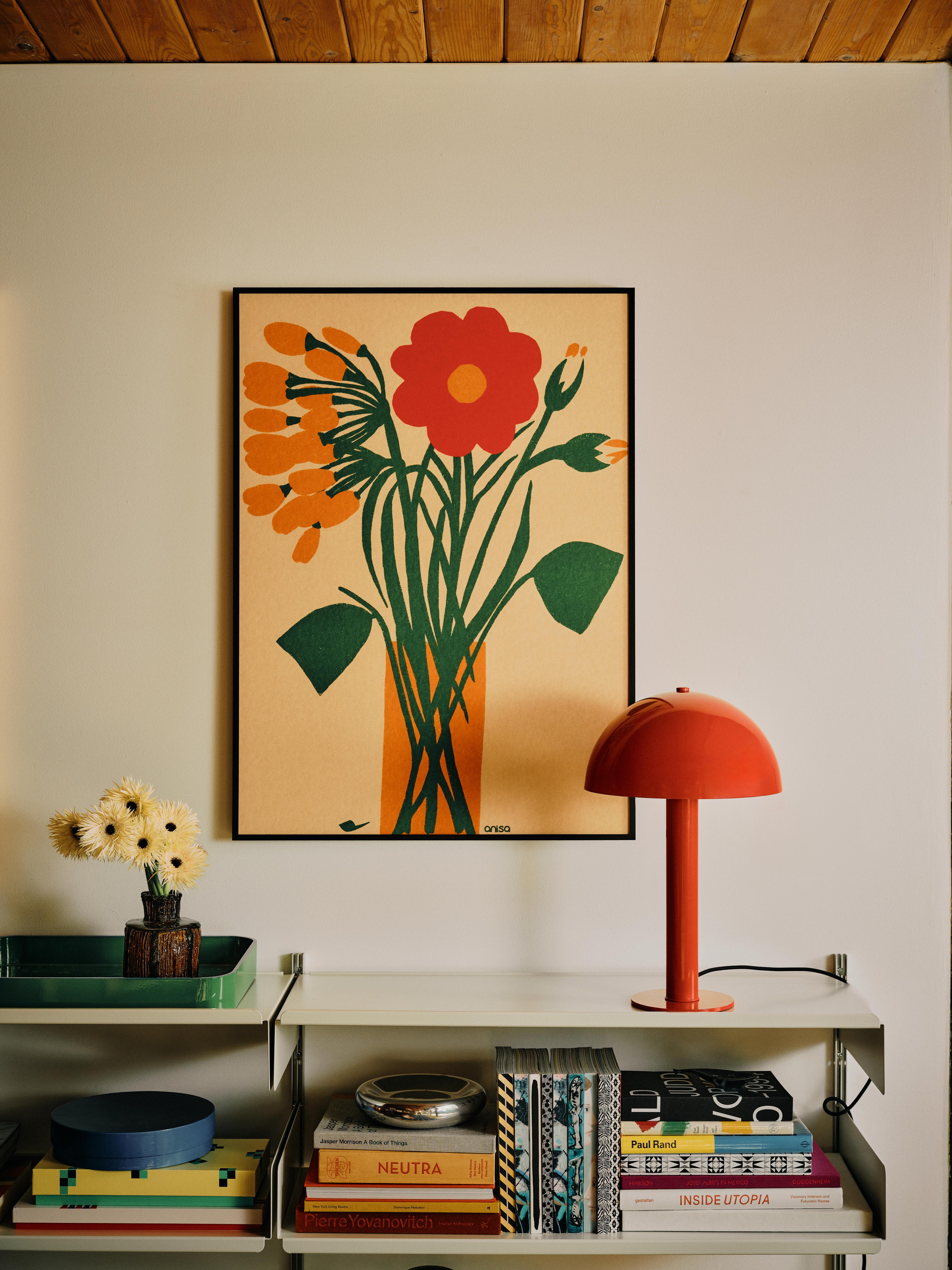 Natural brass mushroom lamp on sideboard in living room 