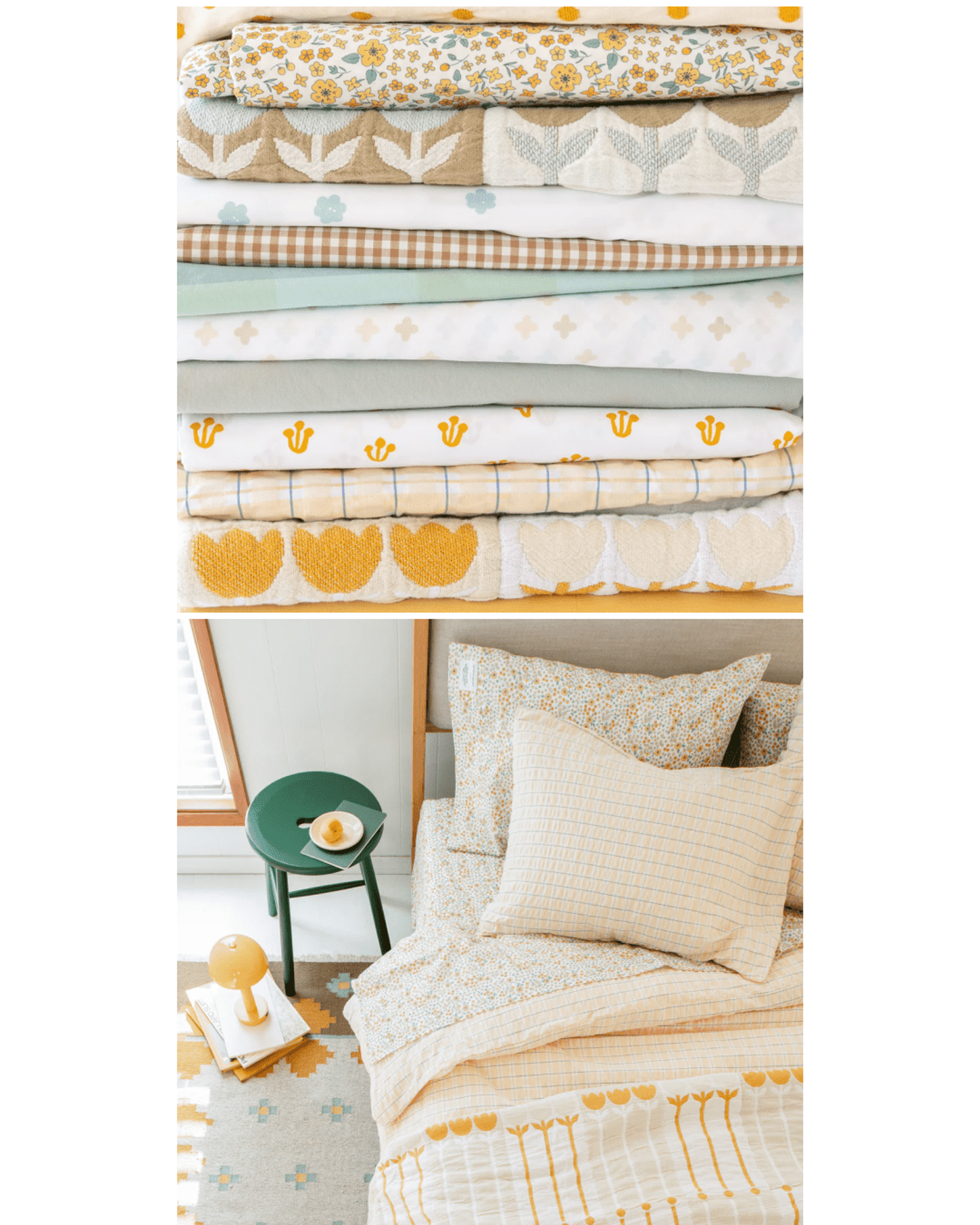 Bedding stack featuring lots of colorful, spring bedding. 