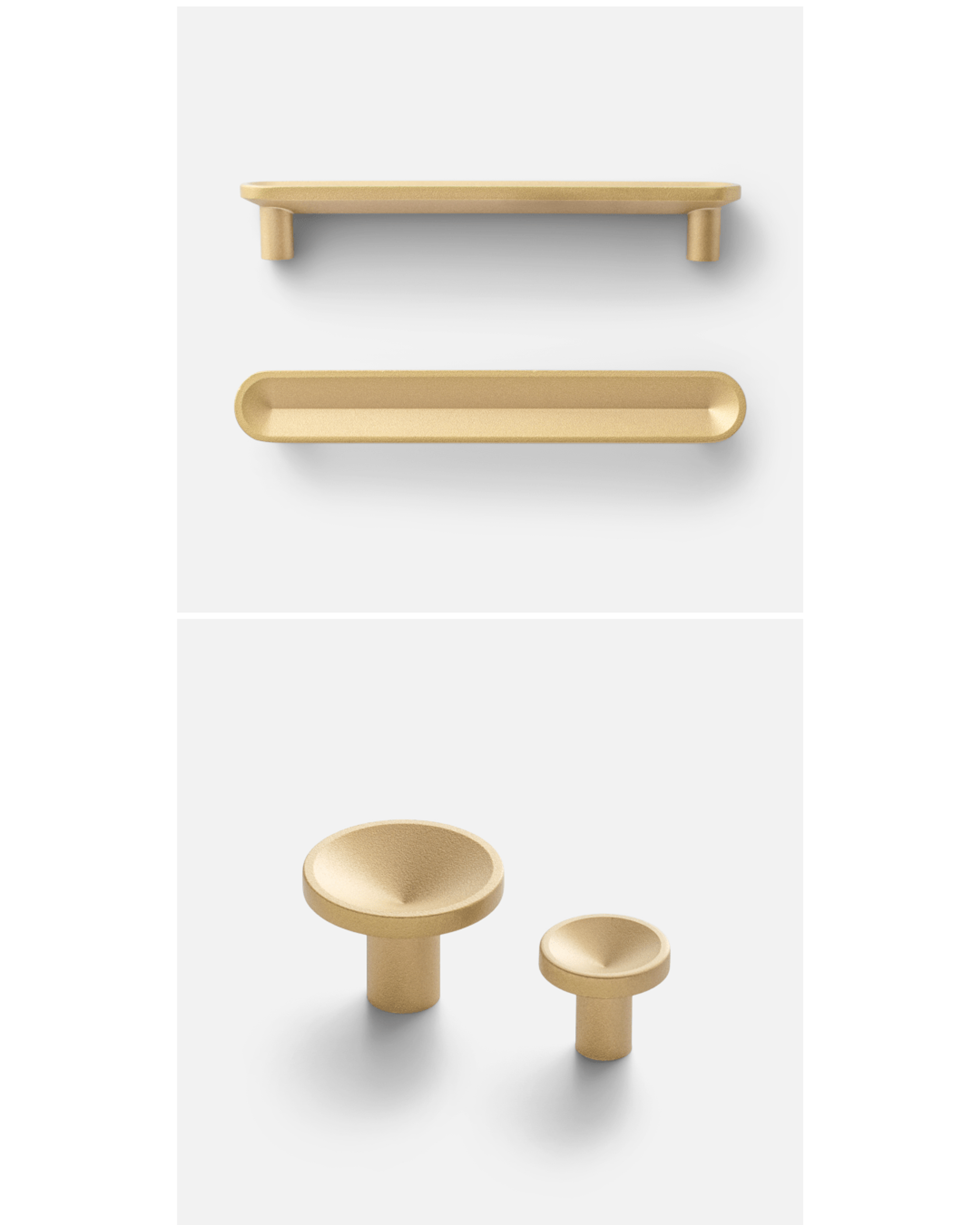 Natural Brass pulls and knobs on white background