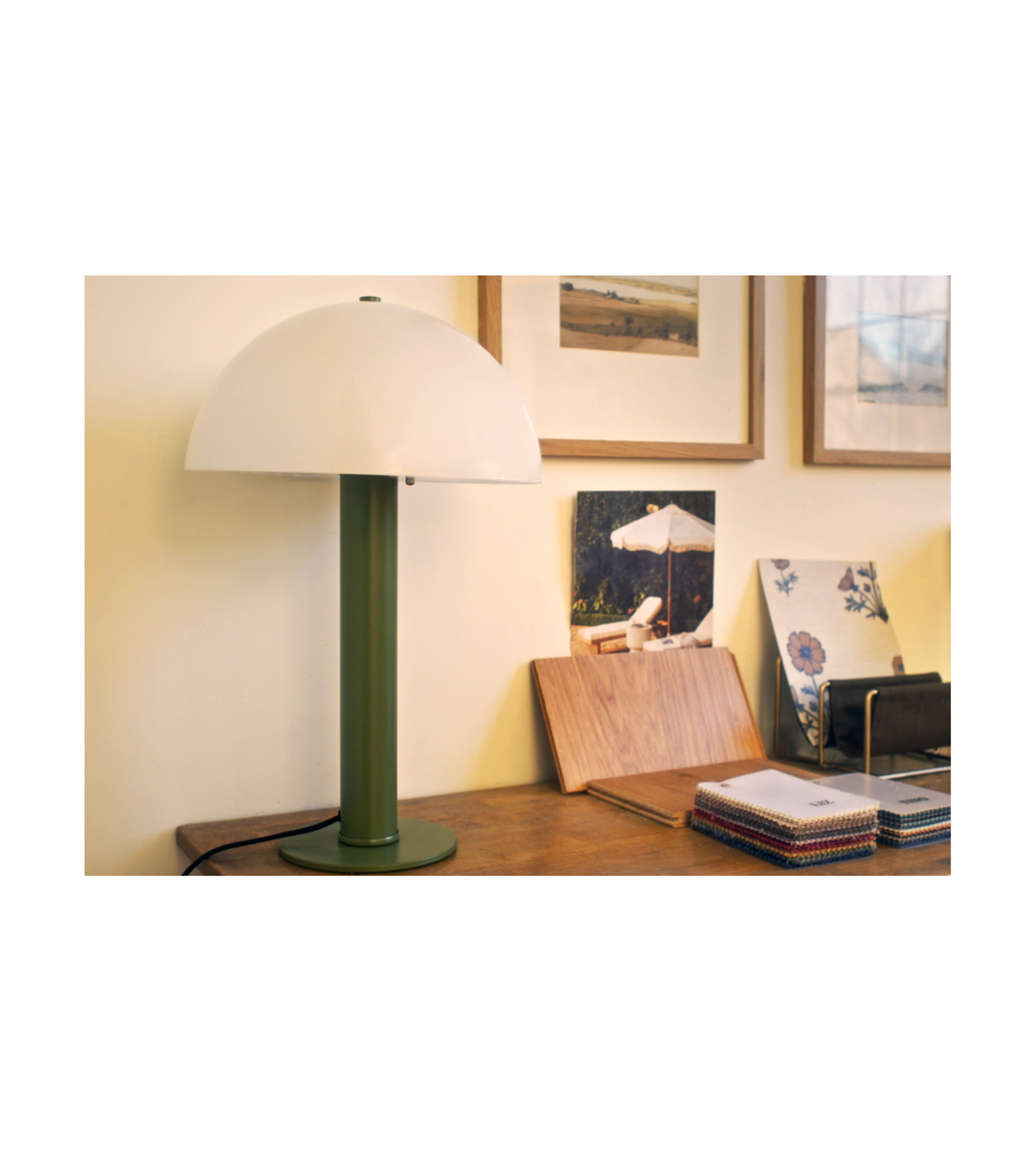 green table lamp with opal shade