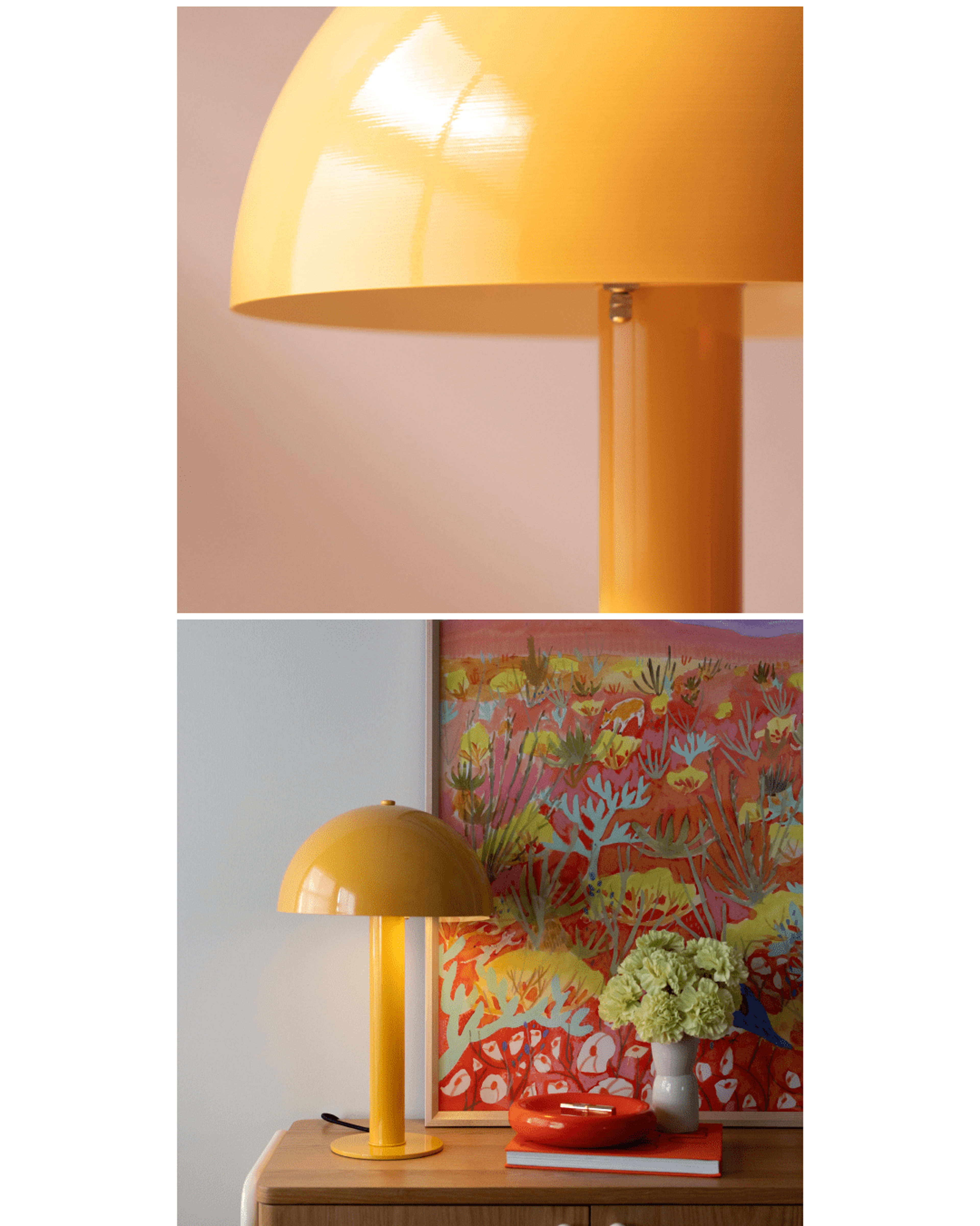 Yellow mushroom shaped lamp on corner of dresser next to red metal catch all