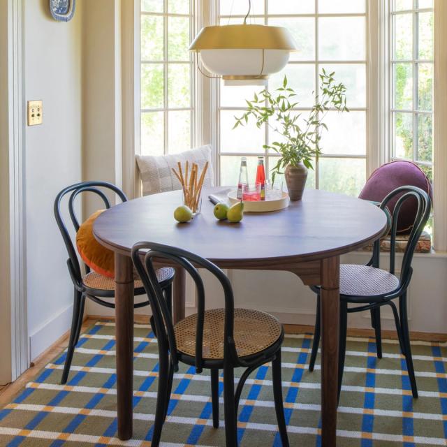 Dining room with walnut dining table and bentwood dining chairs