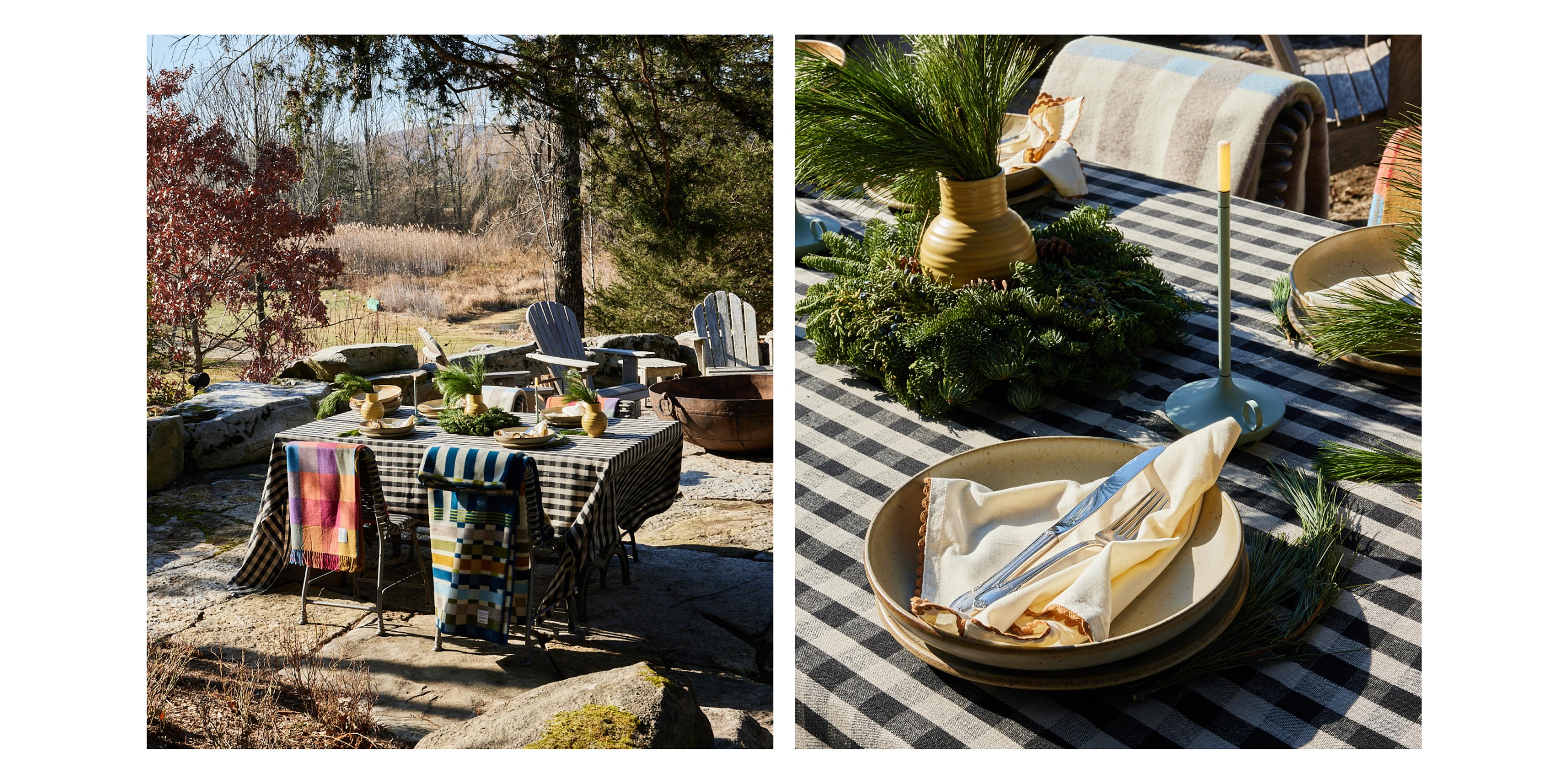 outdoor patio with dining table decorated with green foliage