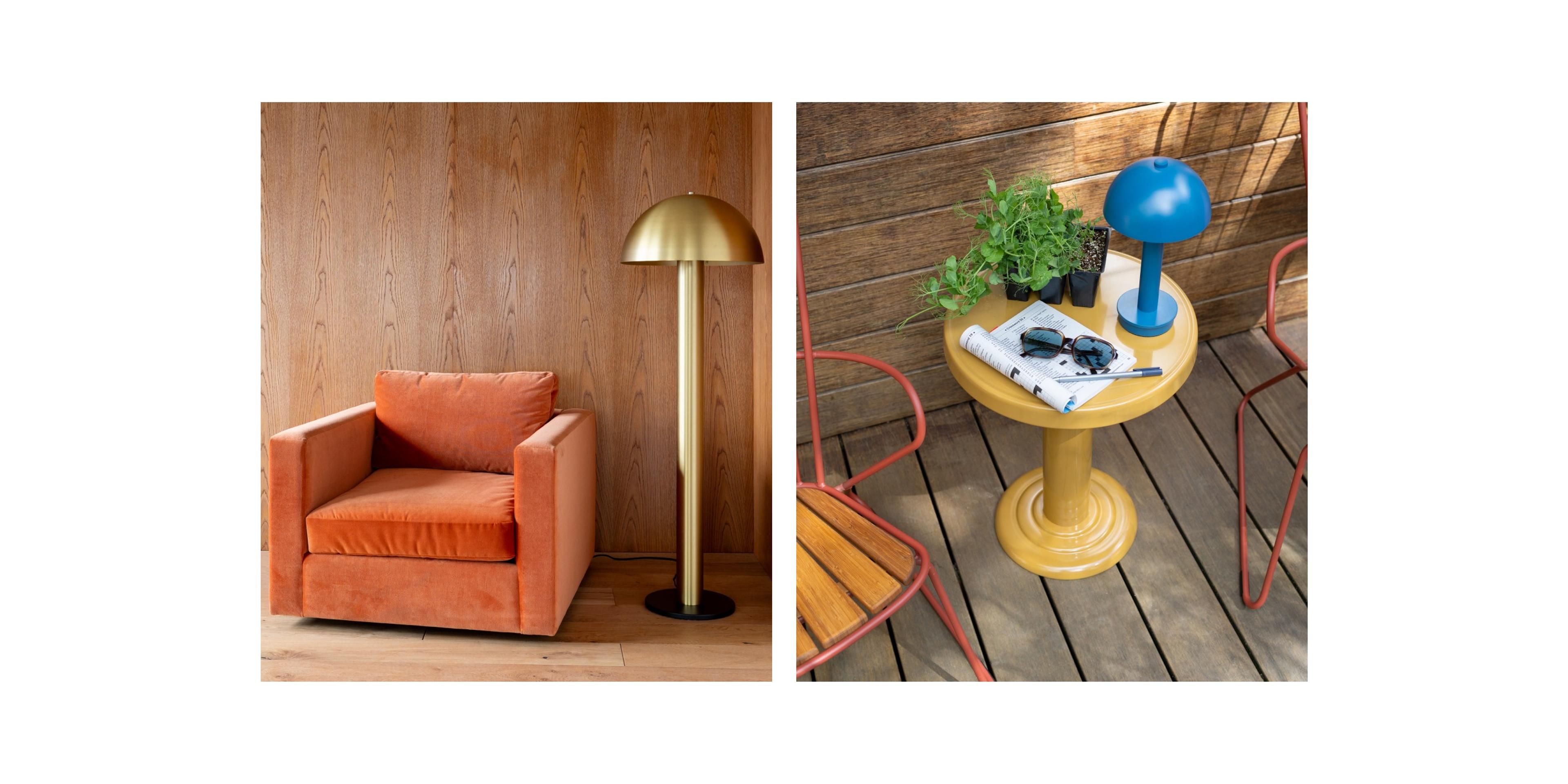 Mushroom shaped floor lamp next to burnt orange chair 