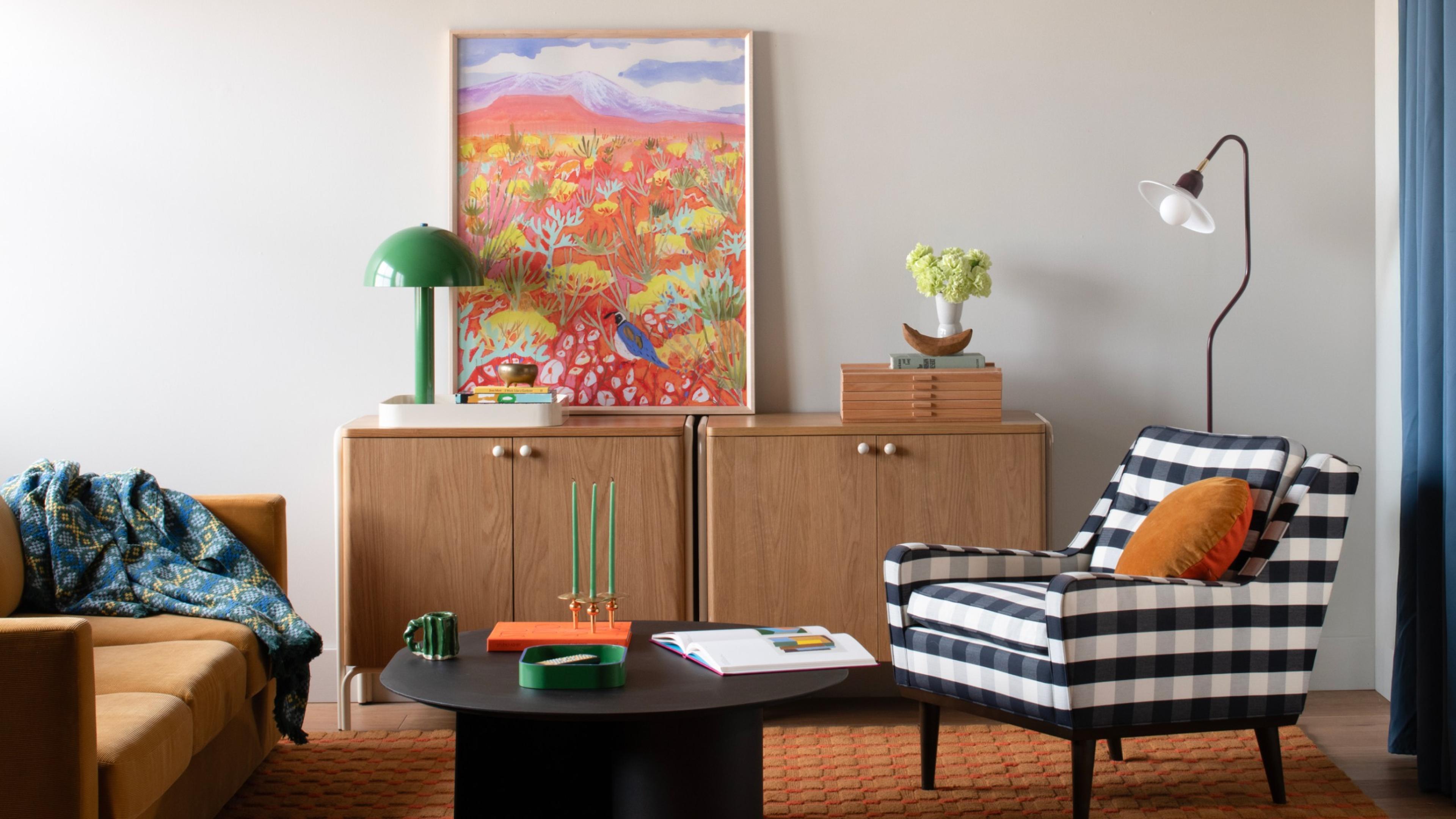 Colorful living room with black and white plaid chair