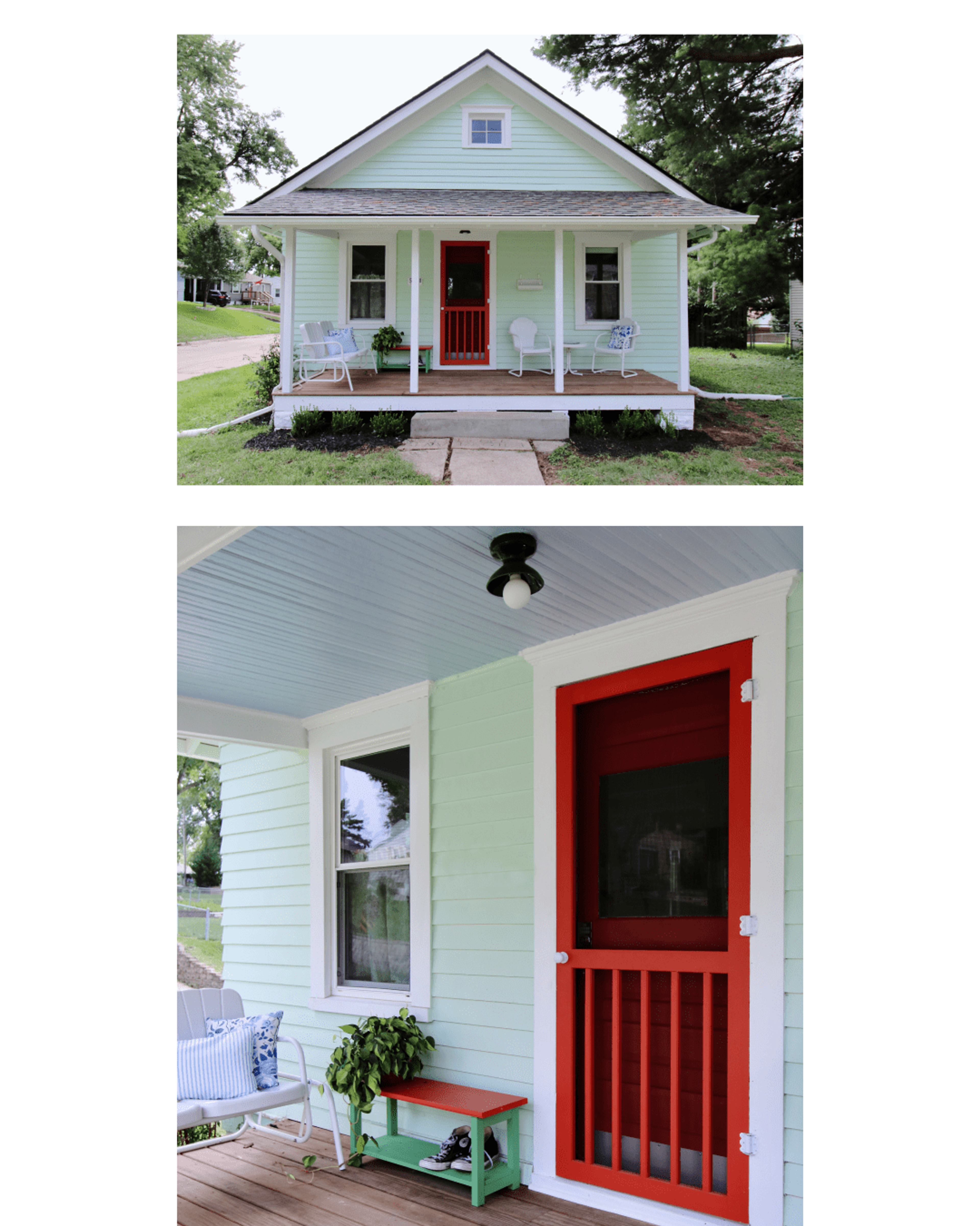 front shot of outside of cottage from the front and close up of front door