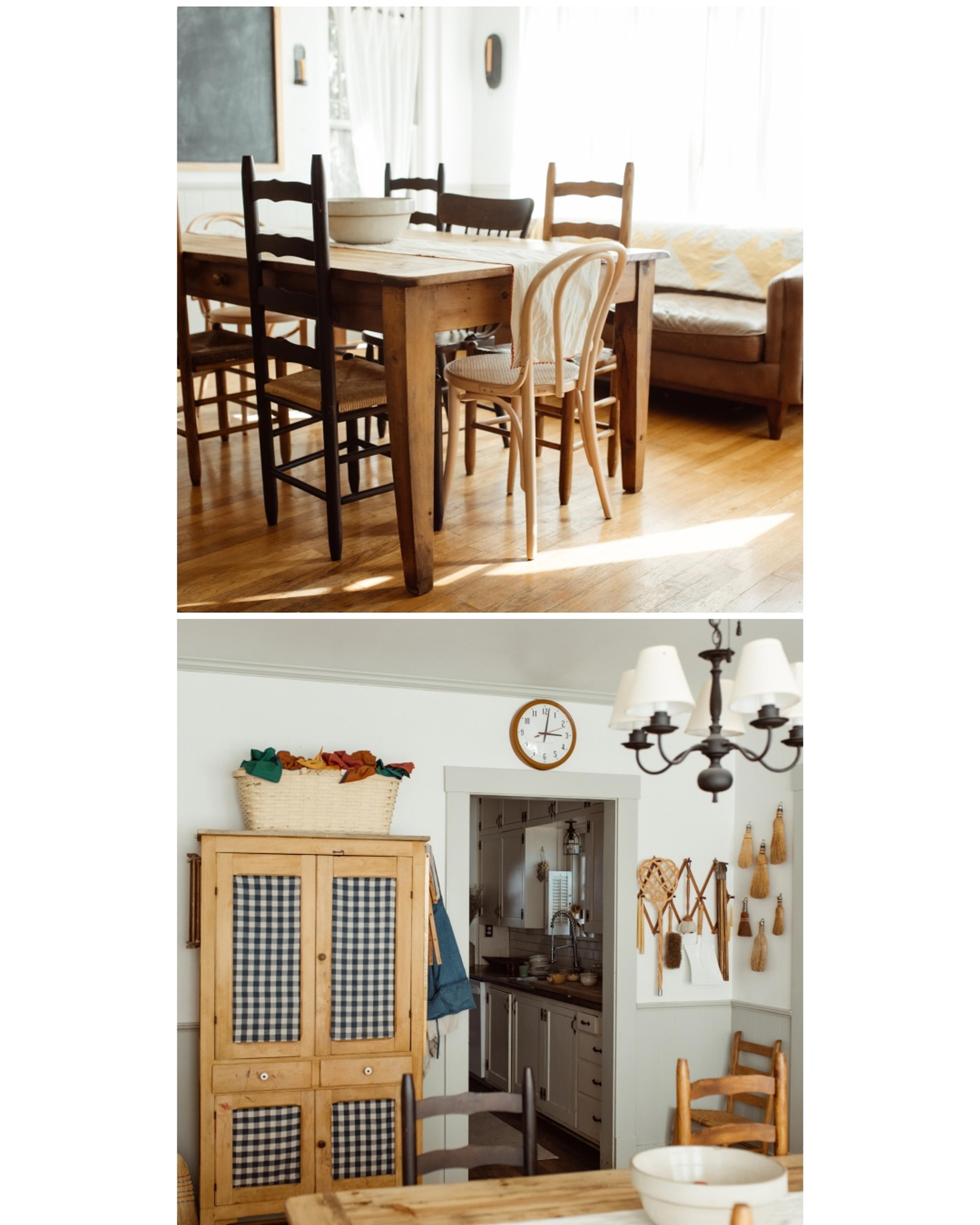 Farmhouse kitchen with wooden table, blackboard and butterscotch clock