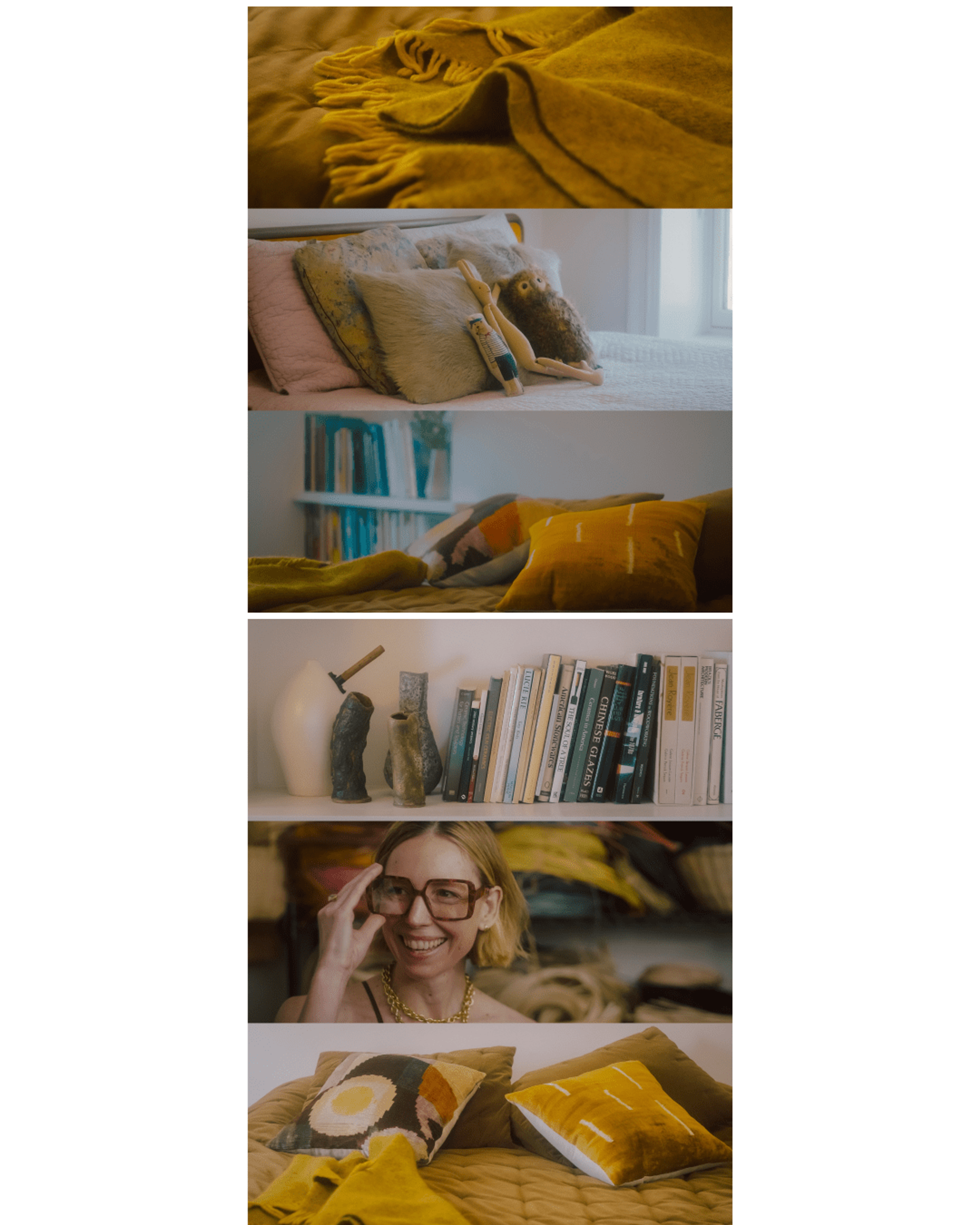 frames of bedroom and smiling woman fixing her glasses